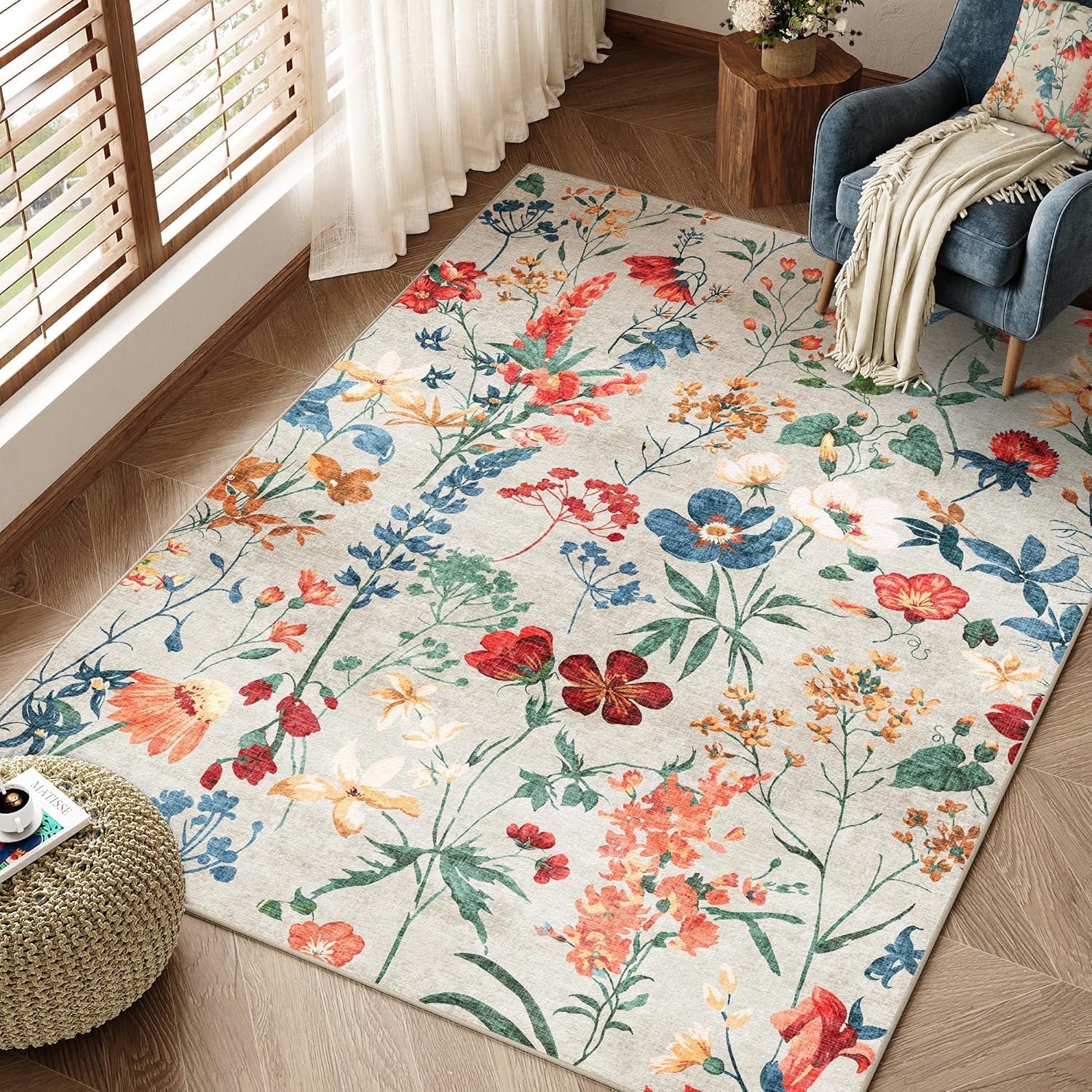 HUGEAR Rugs Living Room Beige Washable Flower Area Rug 80x150cm Non Slip Boho Natural Modern Floral Large Carpet Dining Room Bedroom Kitchen Hall Lounge Office Low Pile Soft Carpets — image 1