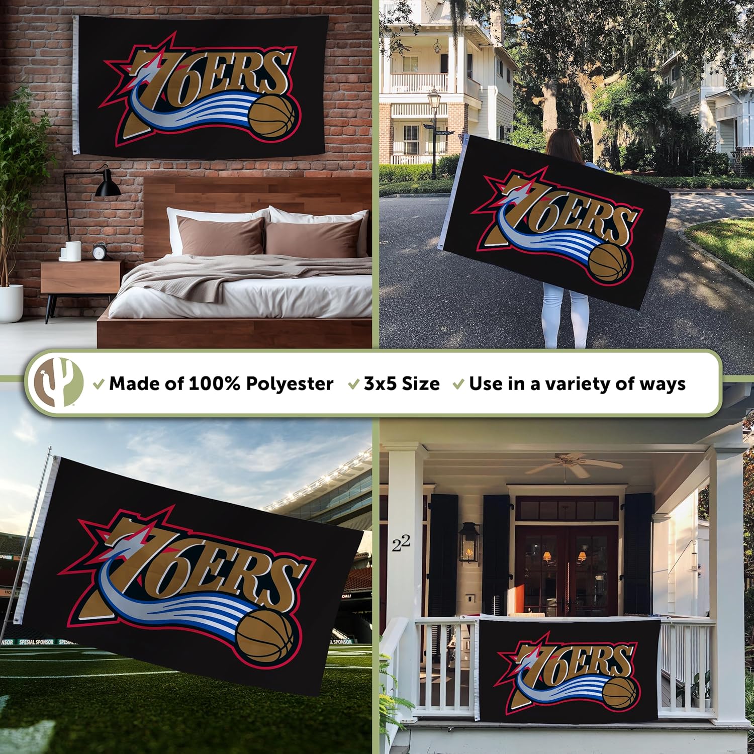 Desert Cactus Philadelphia 76ers Flag Philly NBA 100% Polyester Indoor Outdoor 3x5 feet National Basketball Association Team Flags (Vintage Flag)