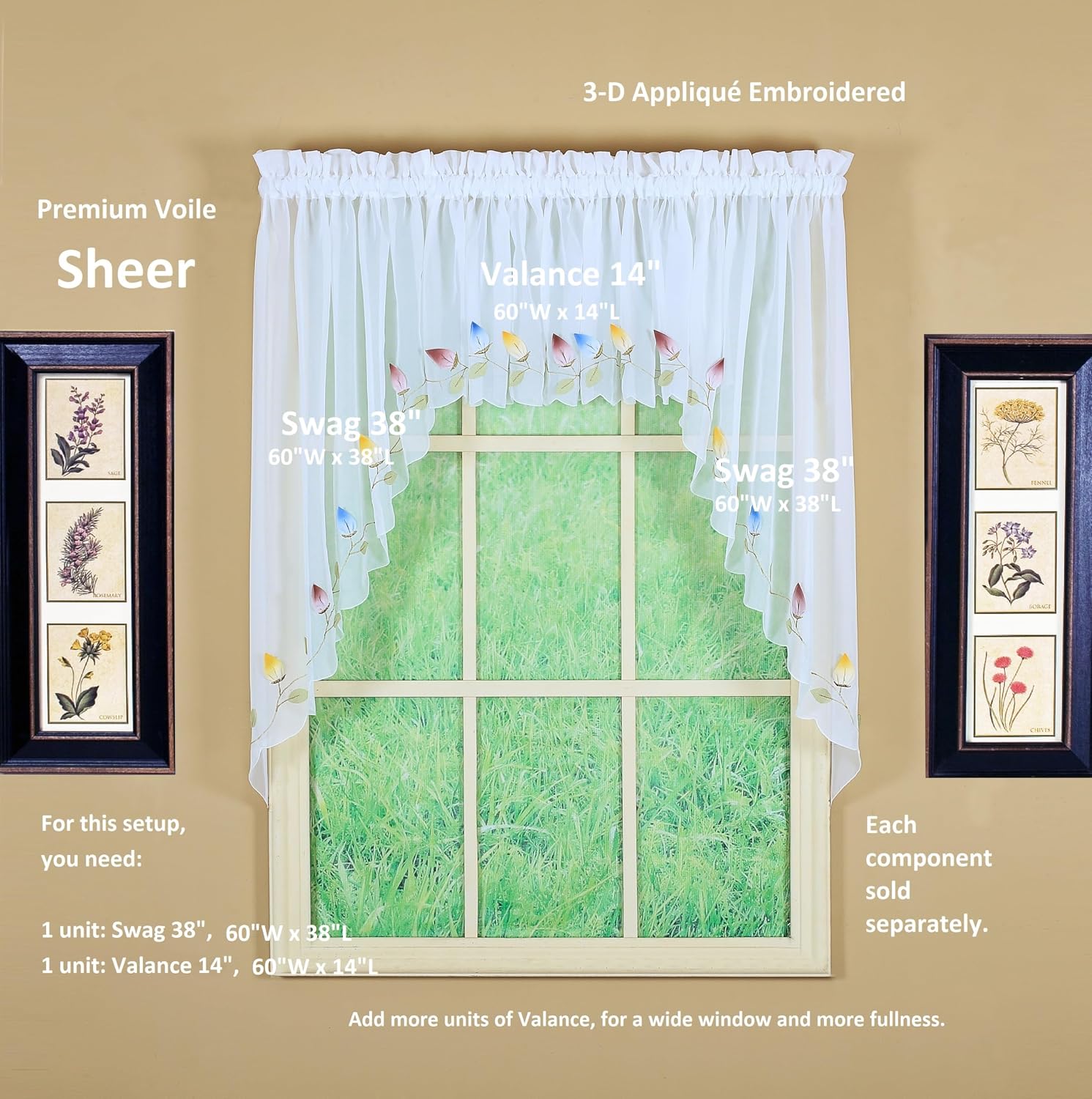 Today's Curtain,Vineyard 3-D Appliqué,Swag 38", White, 60" W x 38" L