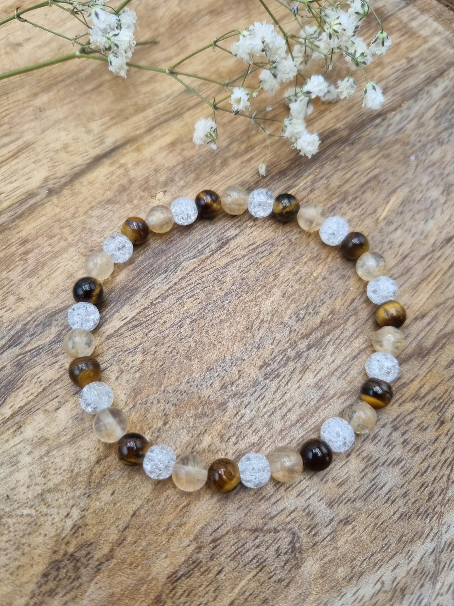 Bracelet Chance et Protection Citrine, Oeil de tigre et Cristal de roche en Pierres Naturelles Qualité AAA | Perles rondes 6 mm | Fil élastique | Création Artisanale Française