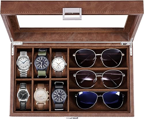BEWISHOME Caja de reloj con 6 ranuras y caja de gafas de sol de 3 ranuras para hombres, almacenamiento de lentes de sol con tapa de vidrio grande,