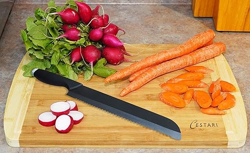 Miniatura 7 de Juego de tablas de cortar: cuchillo de pan dentado de cerámica avanzado y tabla de cortar de bambú natural, la combinación perfecta