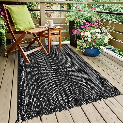 Alfombra trenzada de algodón lavable de 3 x 5 con borlas, alfombra marroquí bohemia tejida a mano para patio, granja, sala de estar, comedor,