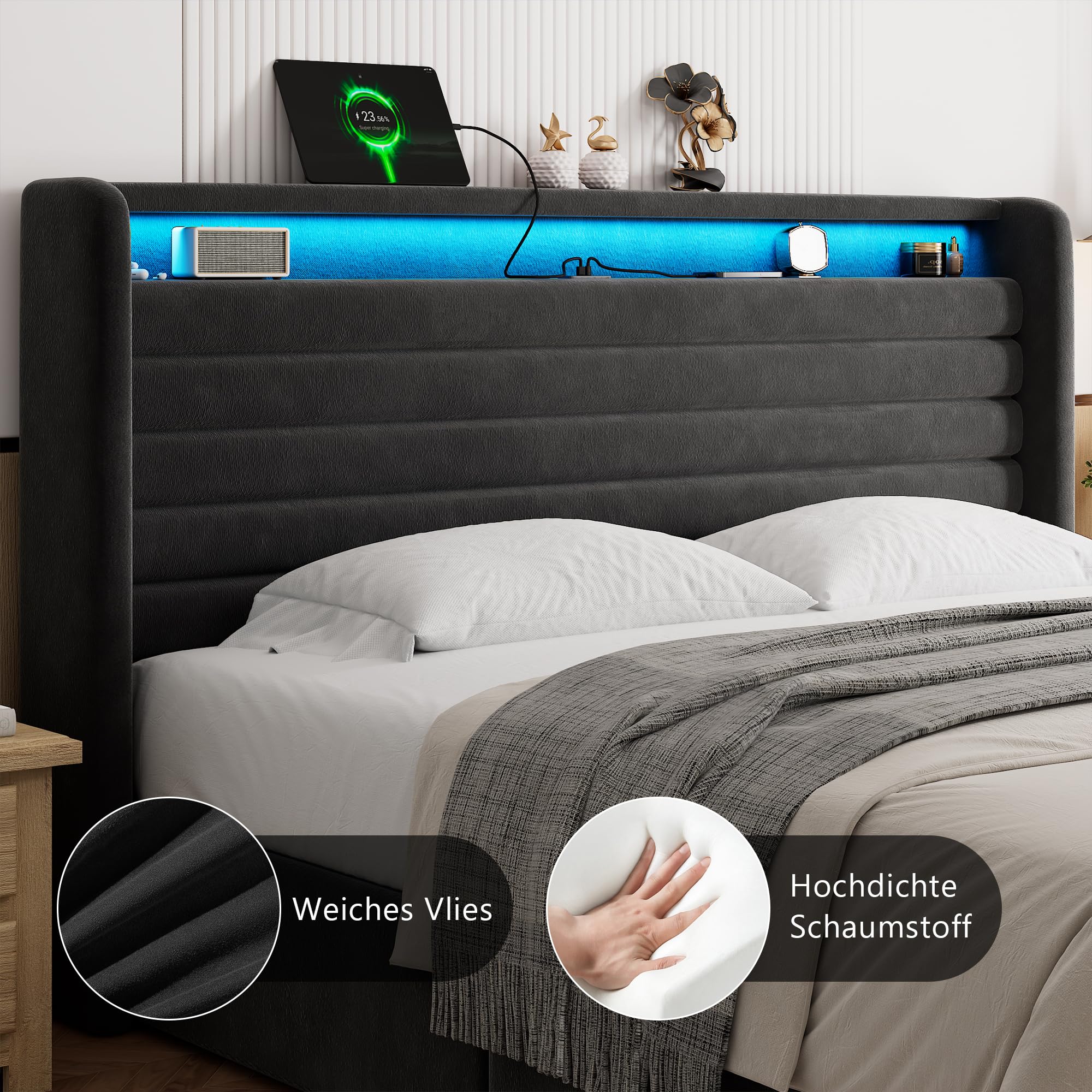 FEONASE Bett 180x200 mit Stauraum, Polsterbett 180x200 cm mit LED-Beleuchtung & Ladestation, Bettgestell mit Hydraulischem und Leinen Kopfteil Stauraum, Lattenrost, Ohne Matratze, Velous Dunkelgrau