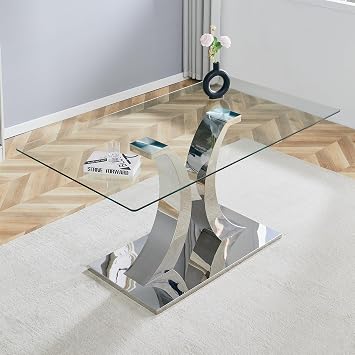 63 Glass Dining Table, Dining Room Table with OC-Shaped Table Leg, Tempered Modern Dining Table for 4-6 People, Rectangle Kitchen Table for Dining Room, Table Only
