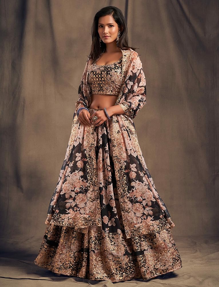 Amazon.com: OQQTOO Floral Embroidered Lehenga Choli Set, White and Peach,  Traditional Wedding Wear with Sequin Work (Black, 36) : Clothing, Shoes &  Jewelry