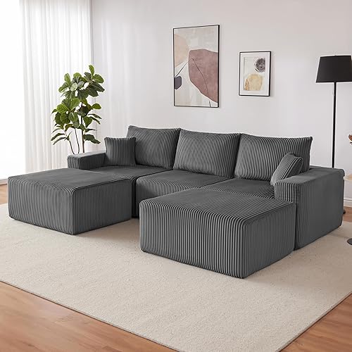 108” Modular Sectional Couches, Cloud Sectional Couch with Deep Seat, Modern Modular L-Shape Sofa with Chaise,Upholstered Boneless Sofa for Living Room (Corduroy, Grey)