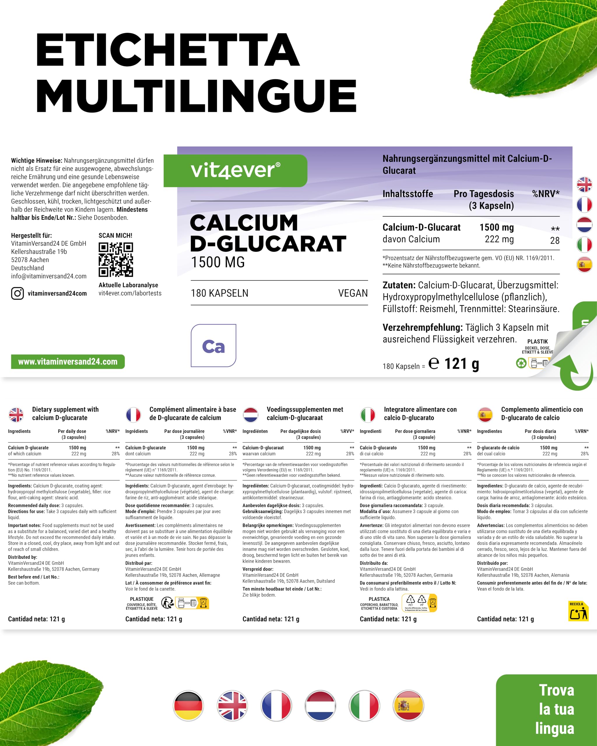 vit4ever Calcium-D-Glucarato 1500 mg – 180 Capsule – Alto Dosaggio – Sale di Calcio dell’Acido D-Glucarico – 222 mg di Calcio (28% VNR) – Vegano & Senza Additivi Inutili