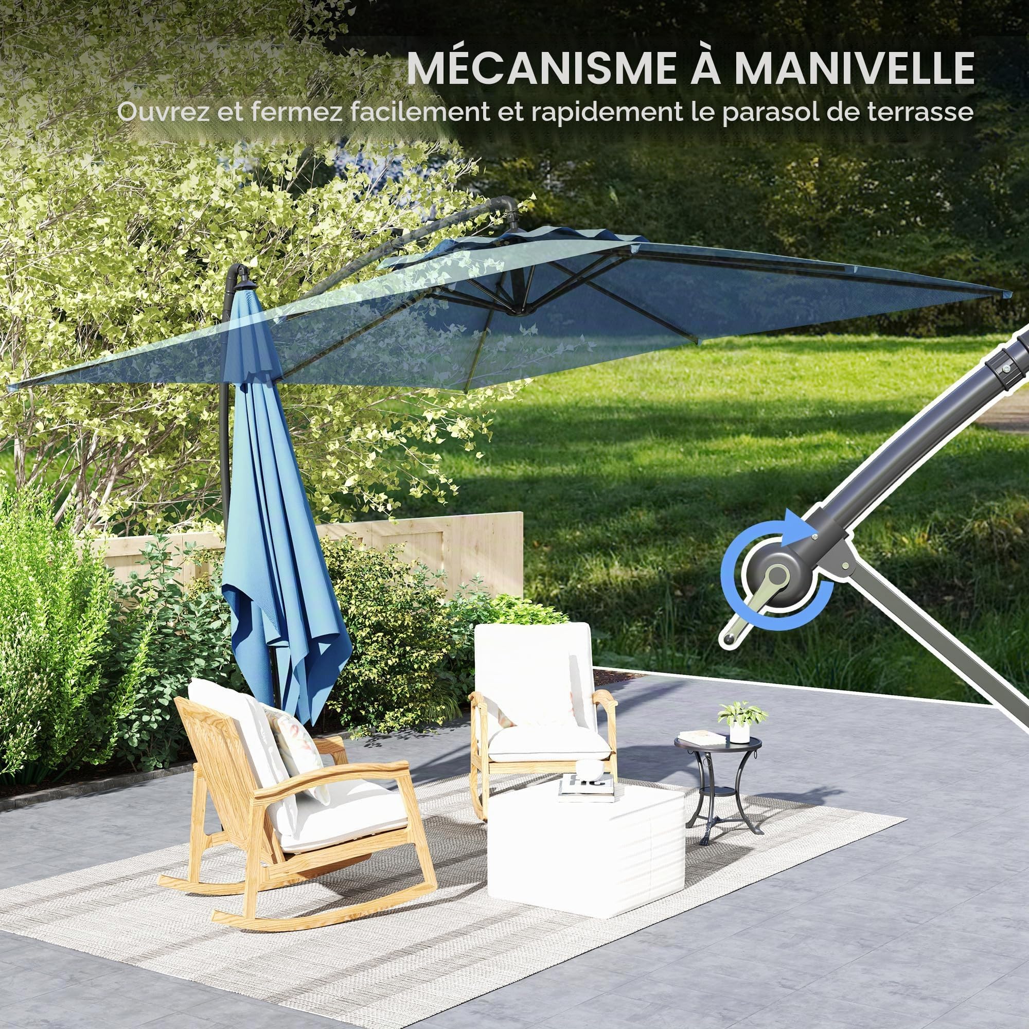 Outsunny Parasol déporté carré 3 x 3 m, parasol de jardin extérieur avec manivelle, base croisée, inclinable et rotation à 360°, toile polyester 180 g/m², protection UV UPF50+