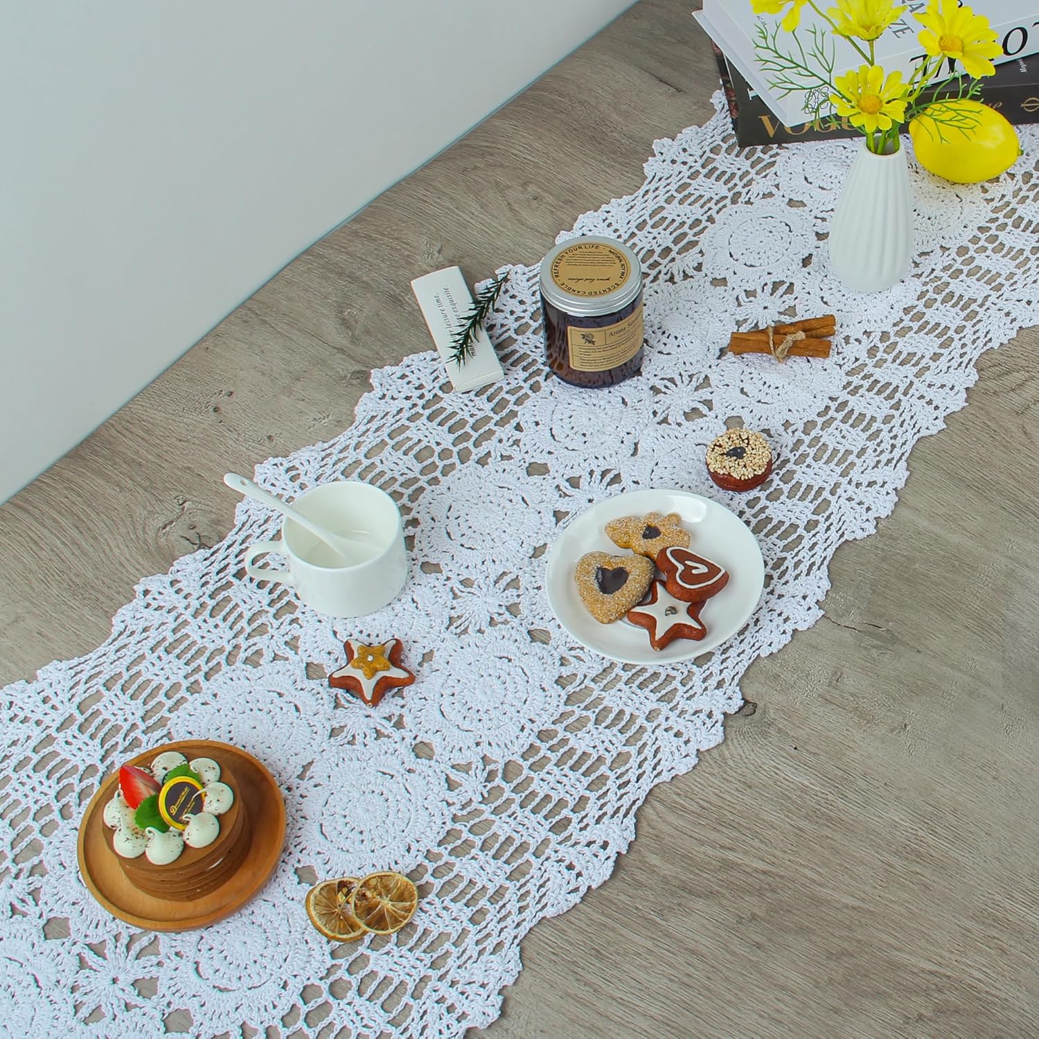 kilofly Handmade Crochet Cotton Lace Table Runner Tablecloth, 15 x 79 inch