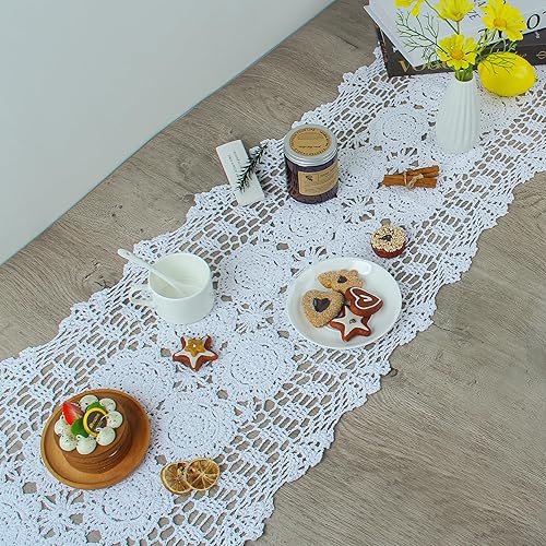 Vista 12 de kilofly Mantel de mesa hecho a mano con encaje de algodón de ganchillo, 15 x 60 pulgadas Beige
