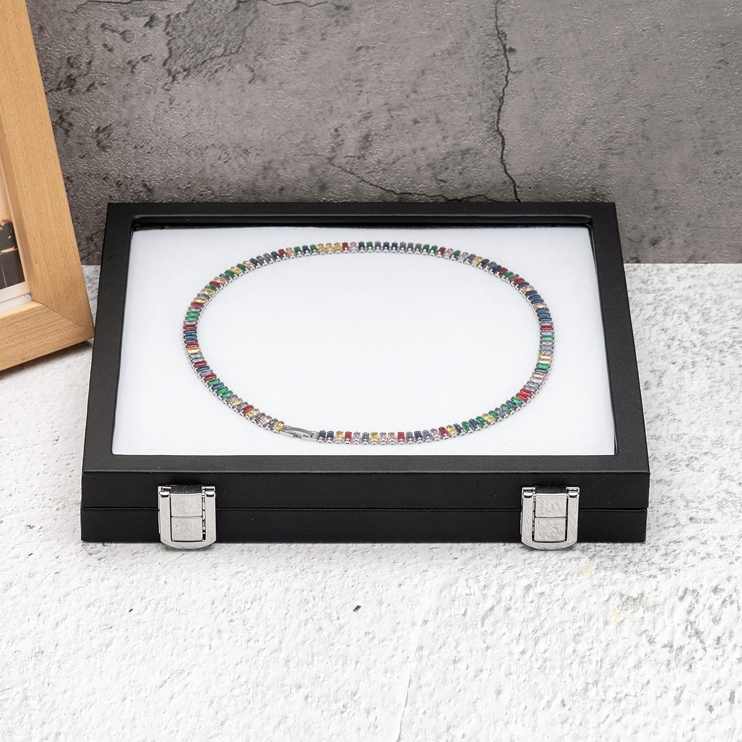 Jewelry Display Case Tempered Glass Top Lid Black Leatherette,Gemstone Display Case Jewelry Storage Box with Metal Clasp (Large)