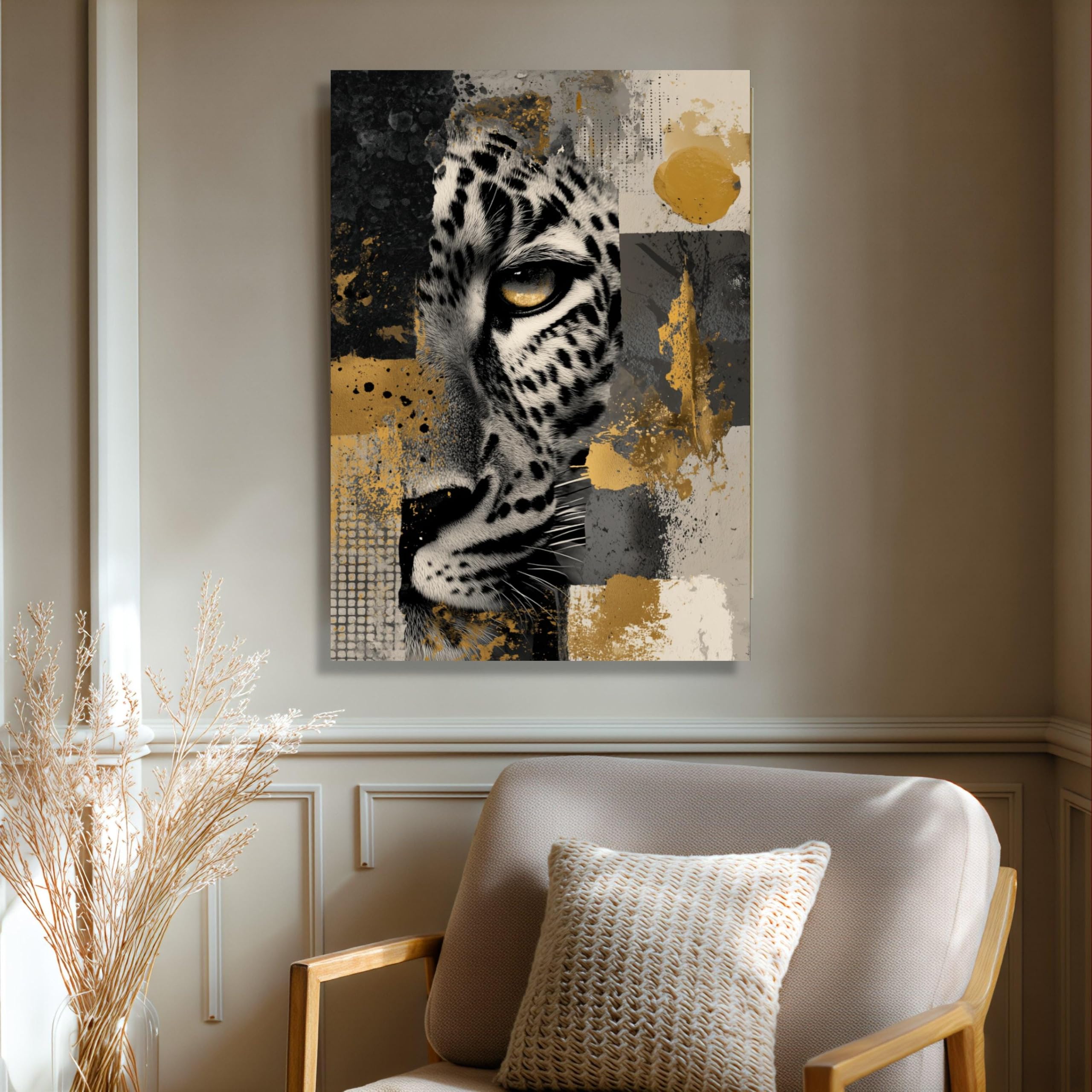 Pintura al óleo de un majestuoso leopardo en primer plano, arte abstracto de animales para pared, pósteres de vida silvestre, obra de arte para el hogar en dorado y negro (70x110cm/marco interno)