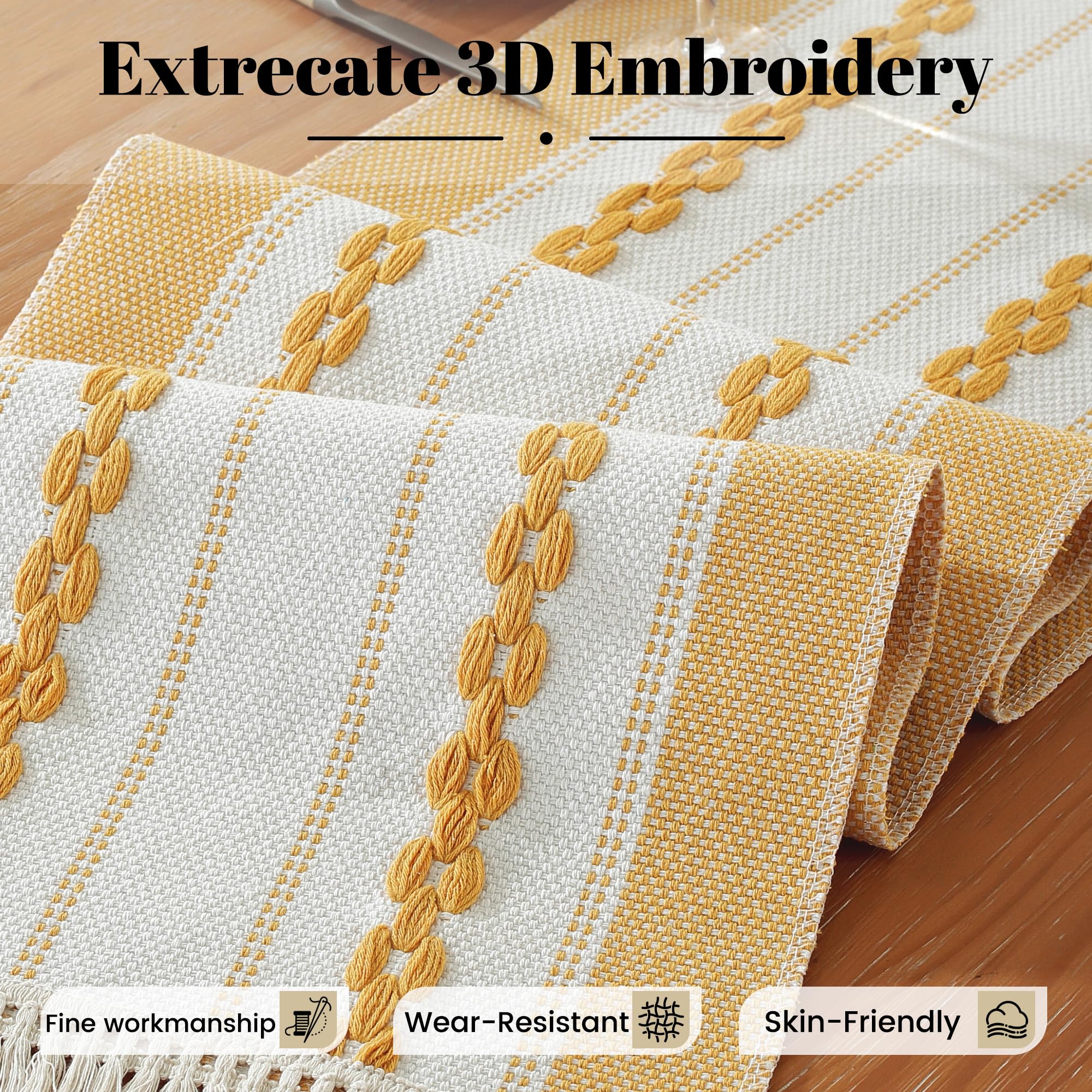 Camino de mesa bordado con borlas, flores 3D, camino de mesa de poliéster para comedor, encimera de cocina, para boda, fiesta, cena (13 x 48 pulgadas, amarillo)