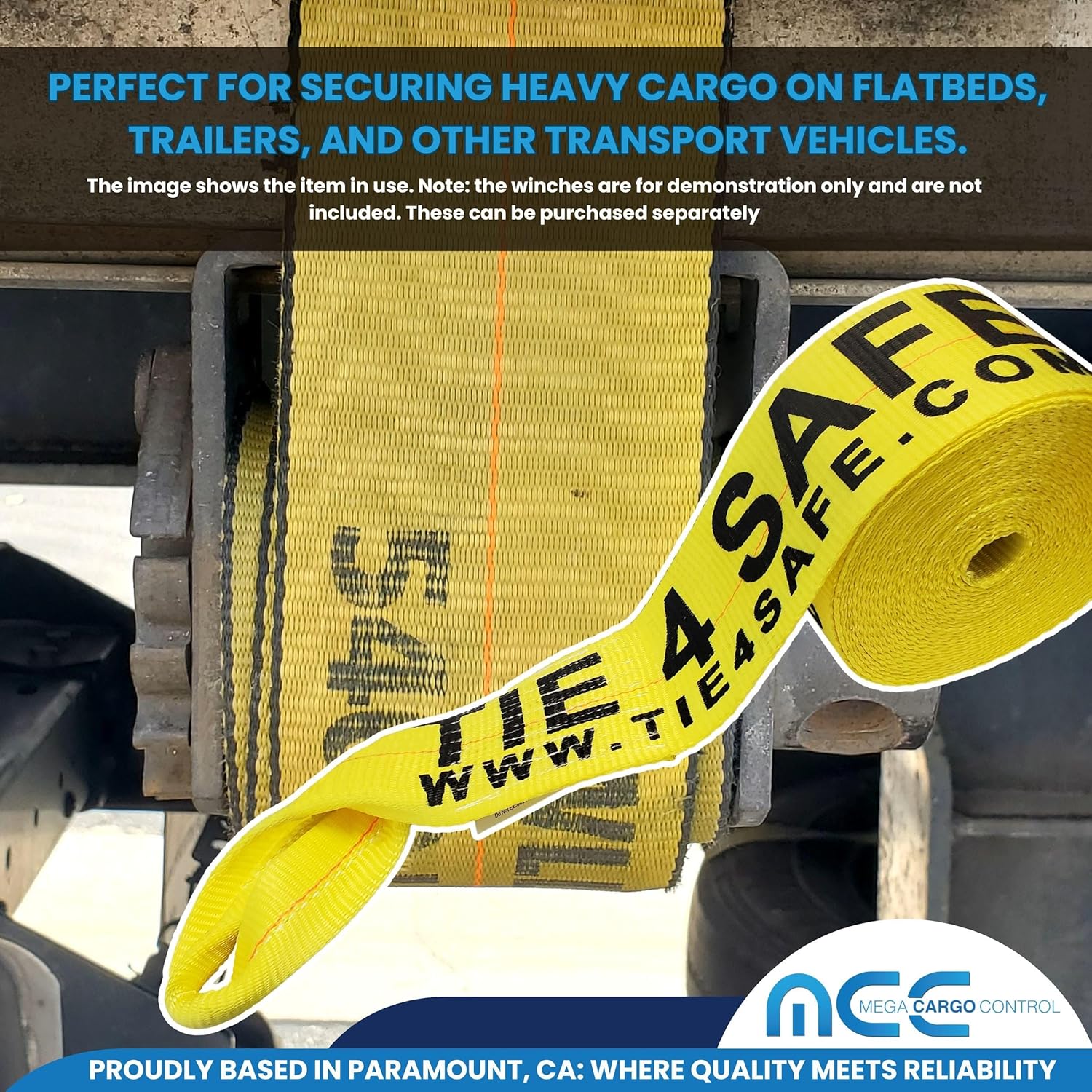 Mega Cargo Control Yellow Twisted Loop Trailer Winch Straps, 16,200 Lbs Breaking Strength - 4" x 60' Heavy Duty Tie Downs for Truck, Trailer, Hauling Cargo (1 Pack)