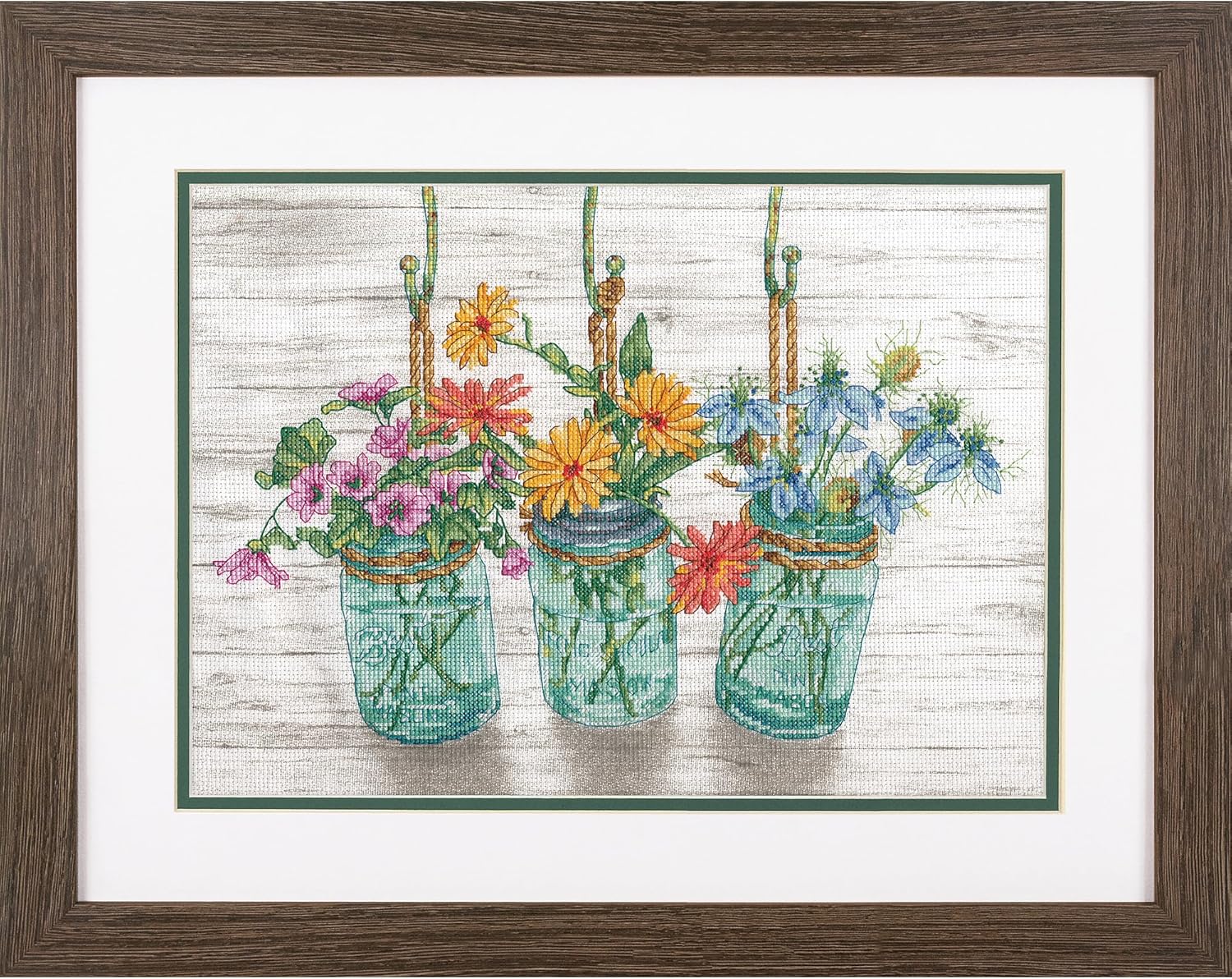 Dimensions 70-35378 Mason Jar Flowers Counted Cross Stitch Kit, 14 Cnt. White Aida Cloth, 14 x 10