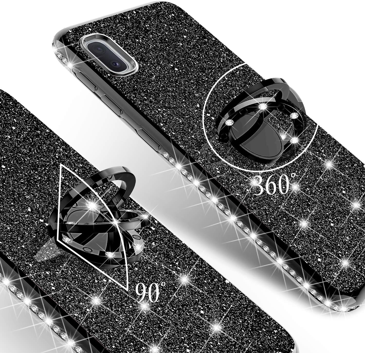 Galaxy A10e Case,Ring Kickstand Glitter Cute Bling Cover for Girls Women Diamond Sparkly Compatible Case for Samsung Galaxy A10e Phone Cases - Black