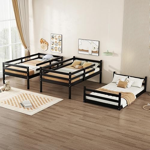 Miniatura 31 de Litera triple de metal, tamaño matrimonial XL sobre individual XL sobre tamaño Queen, elegante base de cama triple con seguridad garantizada para