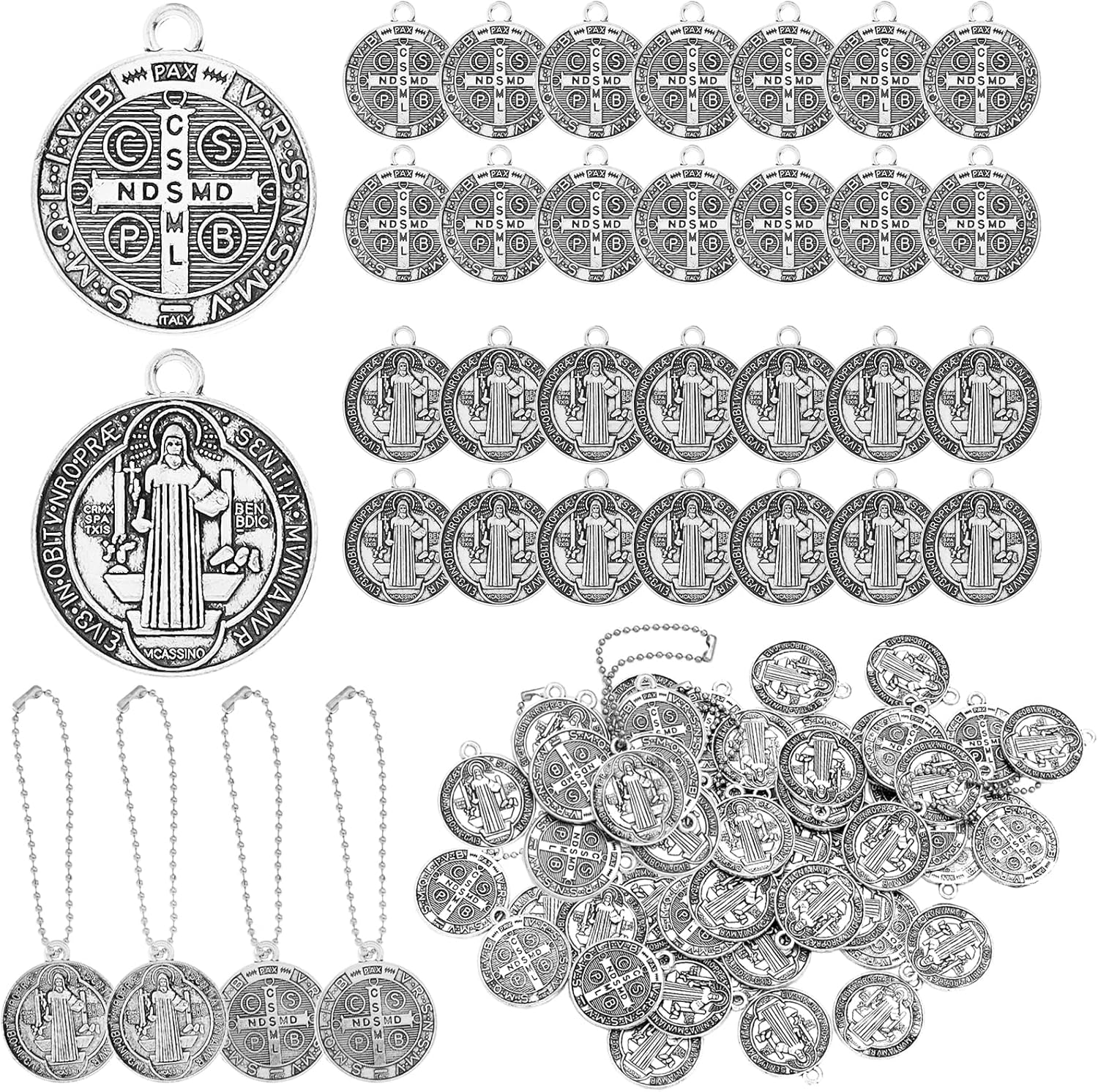 120 Pieces St Benedict Medals Accessory Set, 60Pcs 0.9 x 0.79in Cross Protection Saint Pendant, 60 Pcs Bead Chain, Pocket Prayer Medal Catholic Baptism Charms Religious Amulet Gift