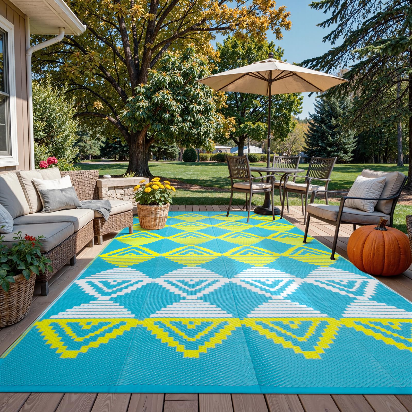 Beeiva Outdoor Rug 8x10 Waterproof for Patio, Reversible Outdoor Patio Rug for Backyard, Deck, Blue Yellow
