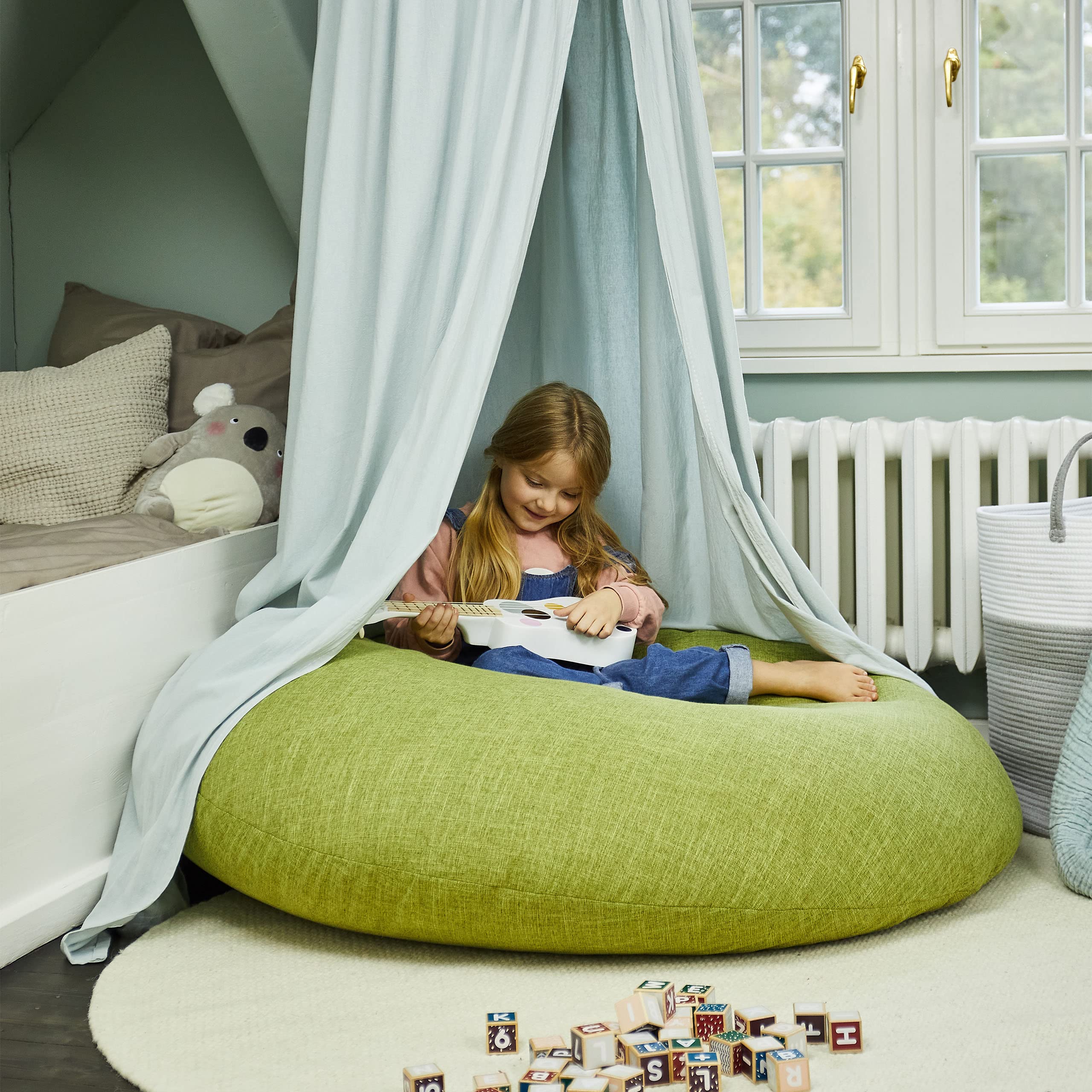 Lumaland Pouf pour Enfants & Adultes avec Fonction 2 en 1 pour s'asseoir & s'allonger | Ø 120x75 cm Fauteuil pour Salon & Intérieur | Facile d'entretien grâce à la Housse Amovible | Aqua