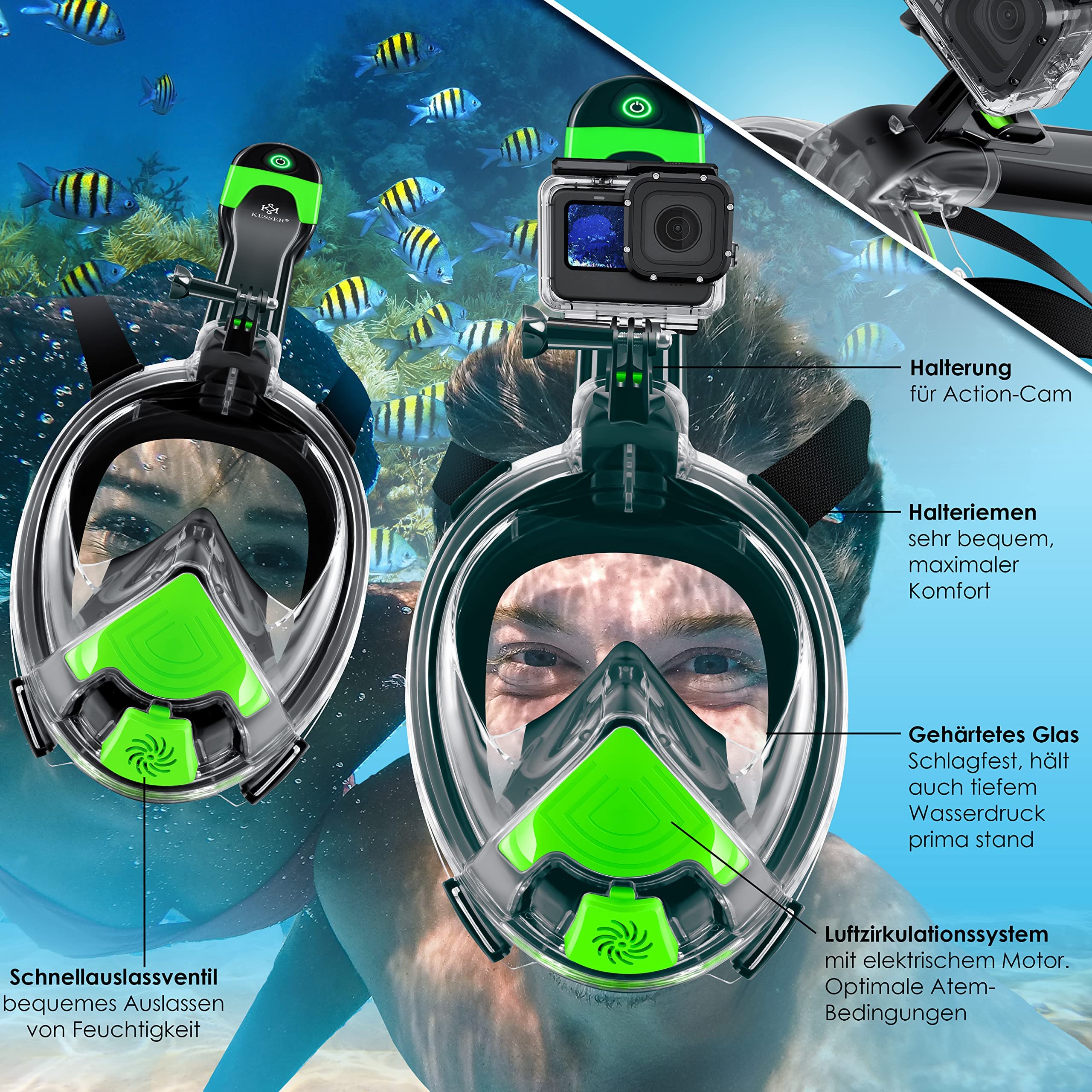 KESSER® Diving Mask Full Face Mask Foldable Snorkel Mask Full Face Mask Incl. Camera Mount Effortless Breathing Not fogging No water penetration 180° Field of view for Children and Adults