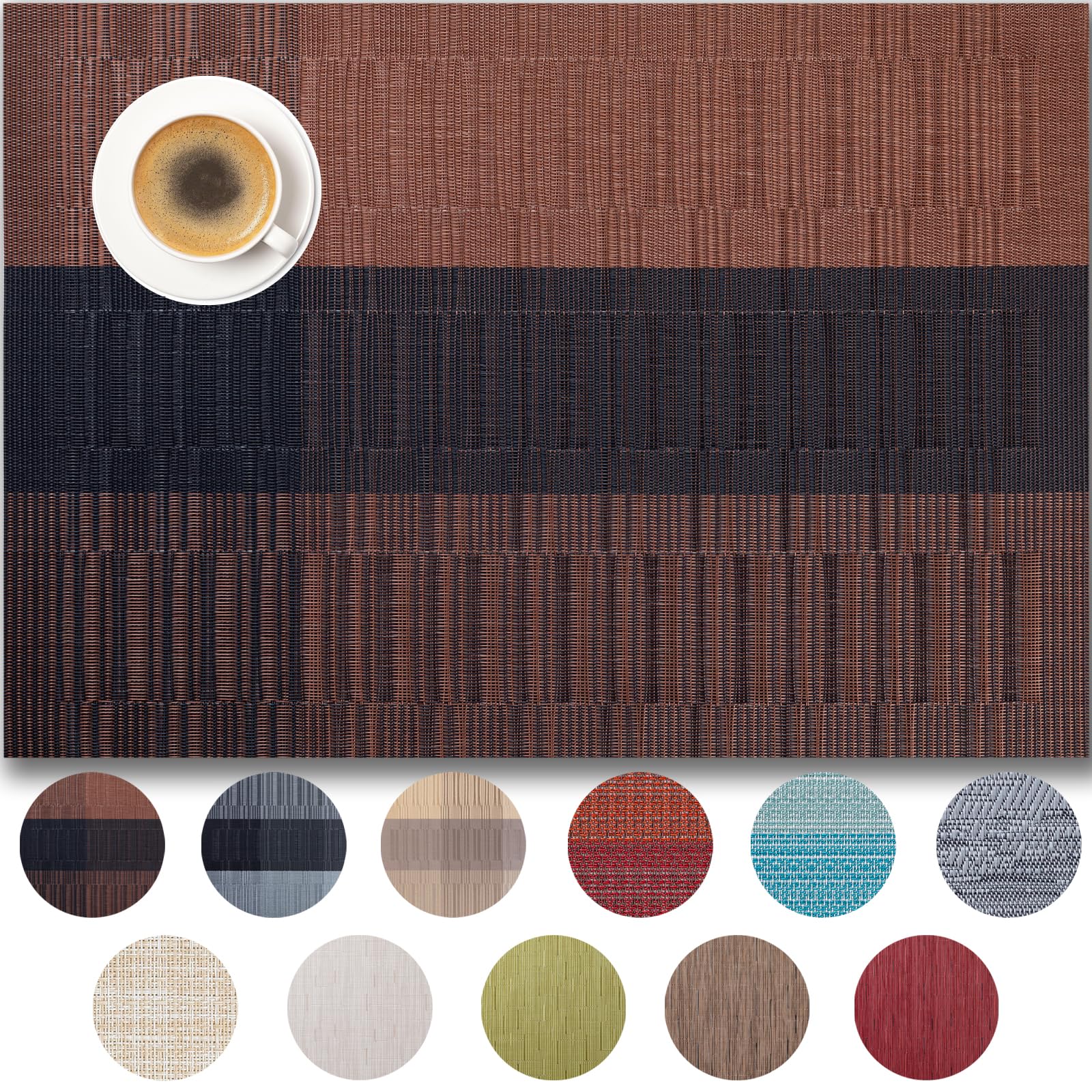 Placemats Set of 4 - Easy Clean Woven Vinyl Placemats for Dining Table, Indoor/Outdoor Place Mats, Washable PVC Table Mats （Ombre Brown Black）