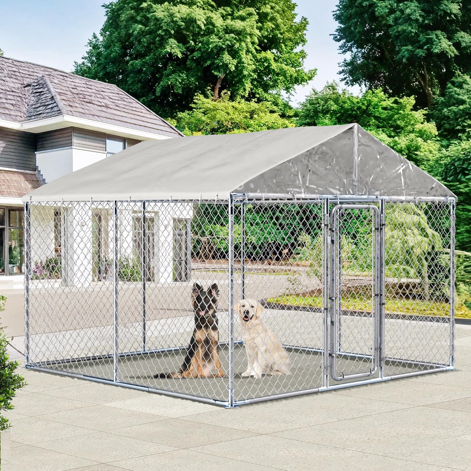 LEISU Dog Kennels Outside Large Outdoor Dog Kennels with Water-Resistant Cover Dog Cage Heavy Duty Dogs House for Back Yard Farm (7.5x7.5x5.25 FT)