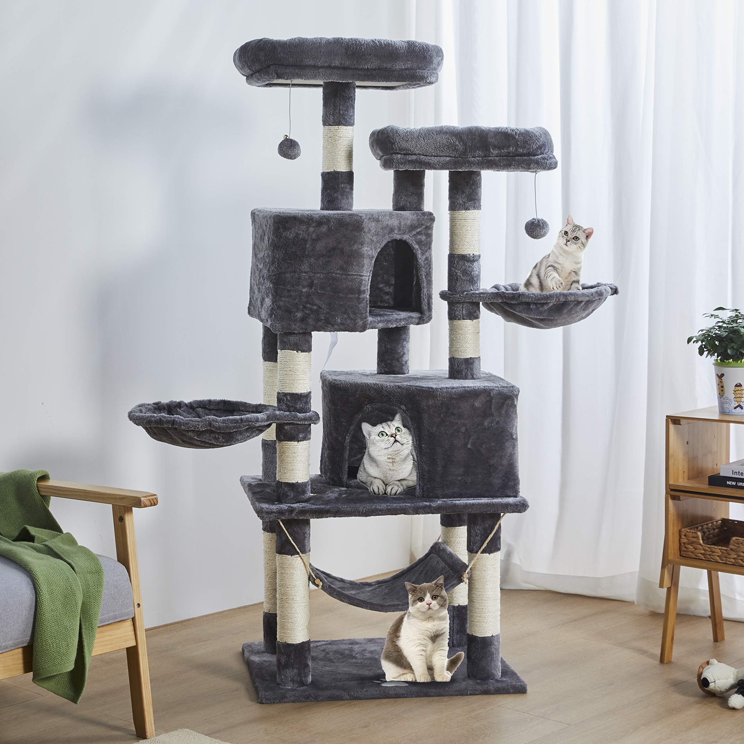 MSmask Stabiler Kratzbaum, Kratzbaum groß mit 2 Plattformen, Katzenbaum für Große Katzen, mit großer Höhle, Sisalstämme, Natur Sisal Katzenkratzbaum, Hellgrau