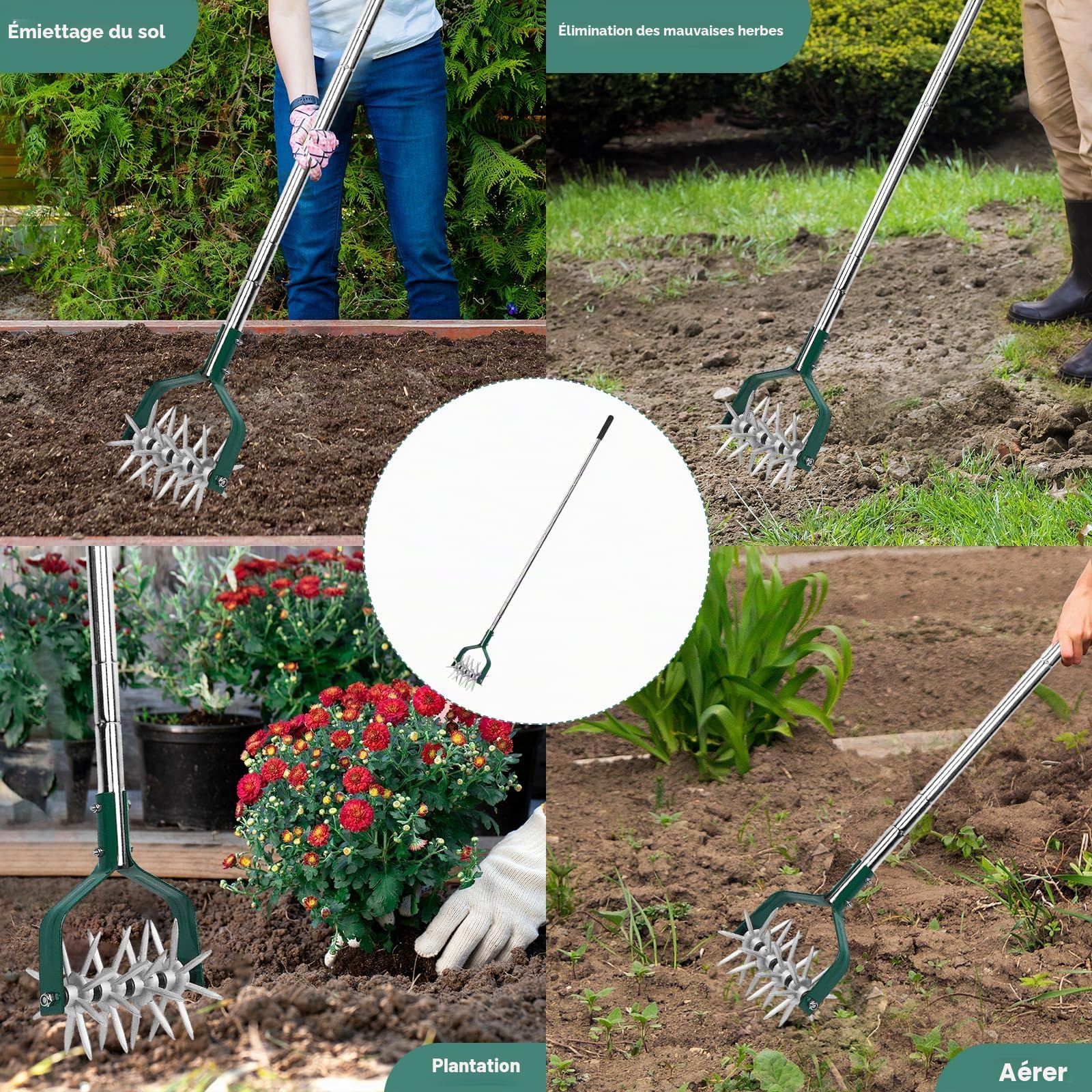 YEELOR Motoculteur de jardin avec manche réglable en acier inoxydable, motoculteur rotatif fin pour le relâchement du sol dans les petits jardins, l'aération de la pelouse, le mélange d'engrais et la