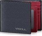 VISOUL Mens Bifold Wallet with 2 ID Windows Carbon Fiber Leather, RFID Blocking Multi Card Holder Wallet with 2 Money Compartments, Stylish Two-Tone Back Pocket Wallet for Men (Black+Burgundy)