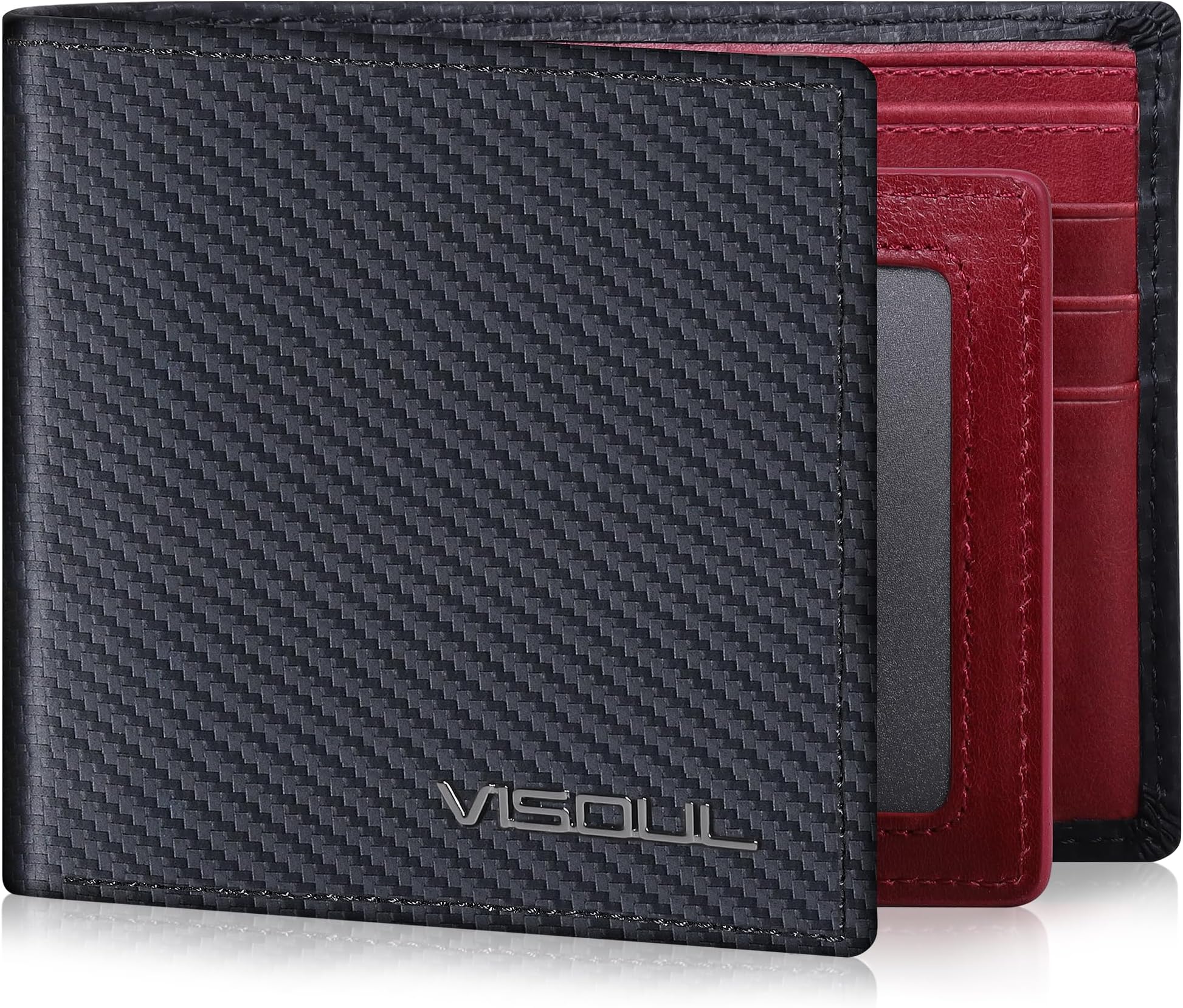 VISOUL Wallet for Men with 2 ID Windows 8 Credit Card Slots 2 Cash Compartments, Carbon Fiber Leather Bifold Mens Wallet with RFID Blocking (Carbon Fiber Black+Burgundy)