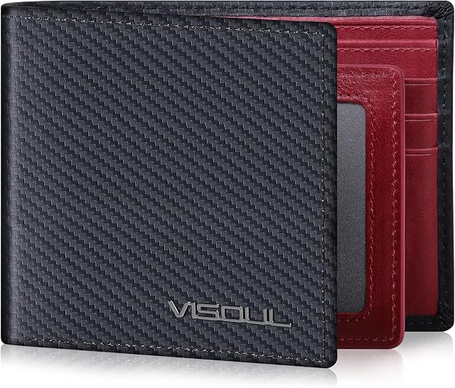 VISOUL Mens Bifold Wallet with 2 ID Windows Carbon Fiber Leather, RFID Blocking Multi Card Holder Wallet with 2 Money Compartments, Stylish Two-Tone Back Pocket Wallet for Men (Black+Burgundy)