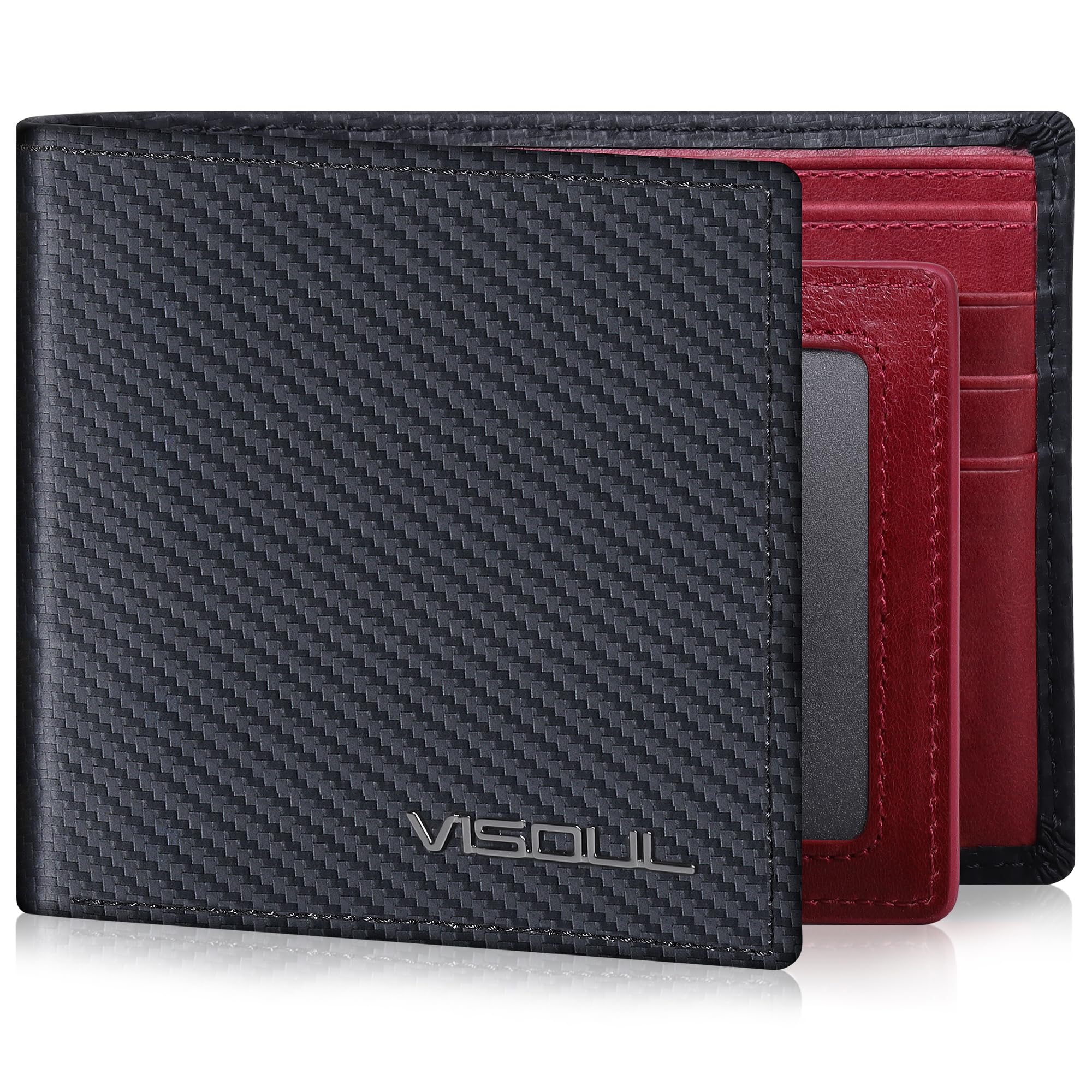 VISOUL Mens Leather RFID Blocking Bifold Wallets Extra Capacity, Billfold Security Wallet for men with 2 ID Windows 8 Card Slots 2 Cash Compartments (Carbon Fiber Black+Burgundy)