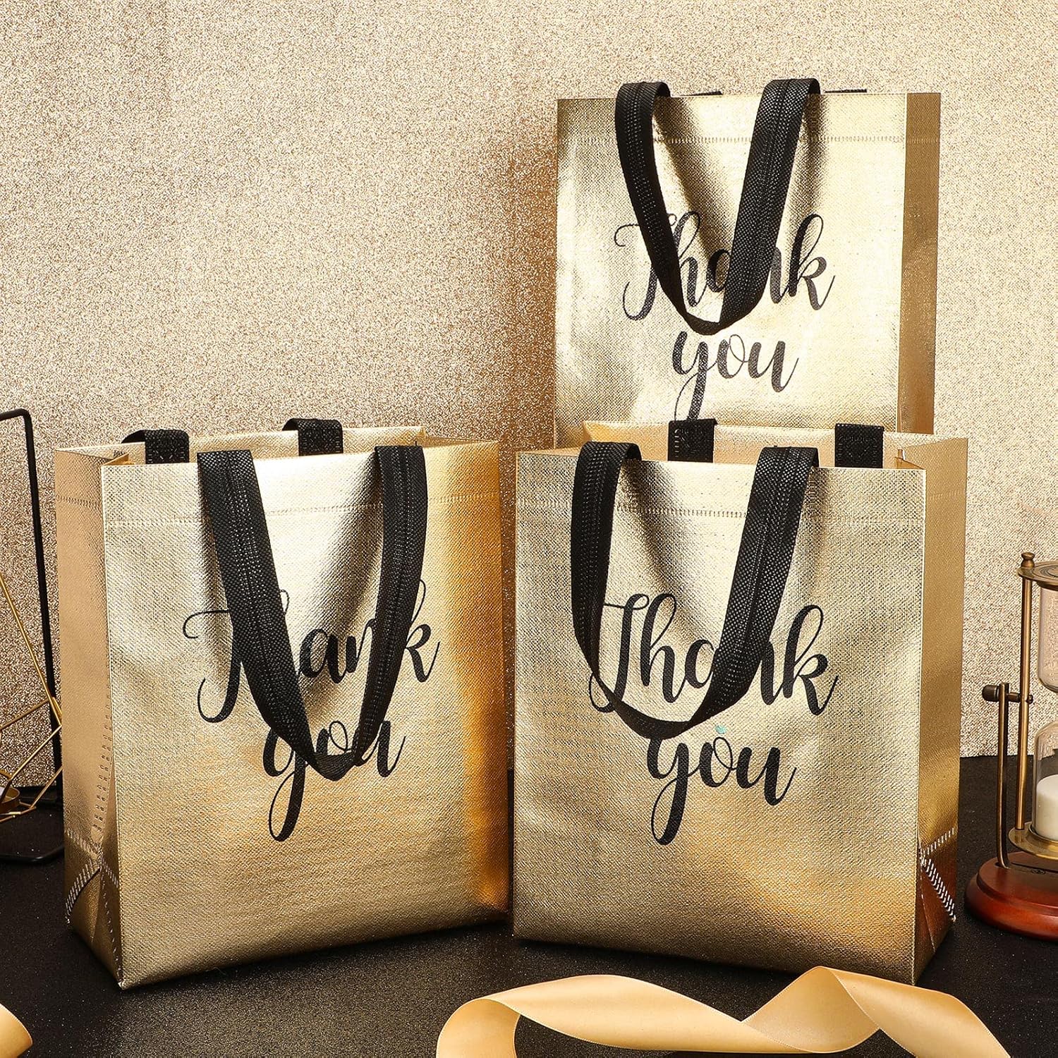 Fumete 50 Pcs Glossy Thank You Gift Bag with Handles 8 x 4 x 10 Inch Non Woven Reusable Gift Bags with Glossy Finish for Wedding Birthday Partys Engagements Anniversaries Holiday(Gold) - Image 4