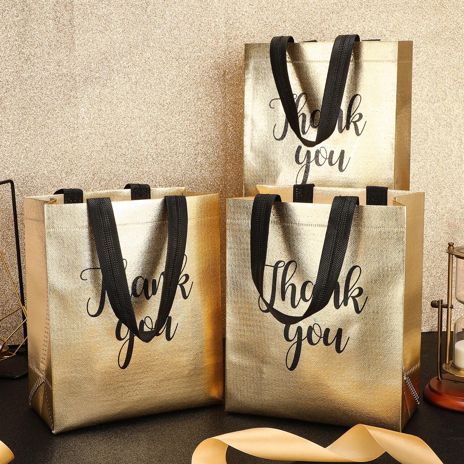 Fumete 50 Pcs Gold Glossy Thank You Gift Bag with Handles 8 x 4 x 10 Inch Non Woven Reusable Gift Bags for Graduation Fathers Day Wedding Birthday Party Engagement Anniversary Holidays