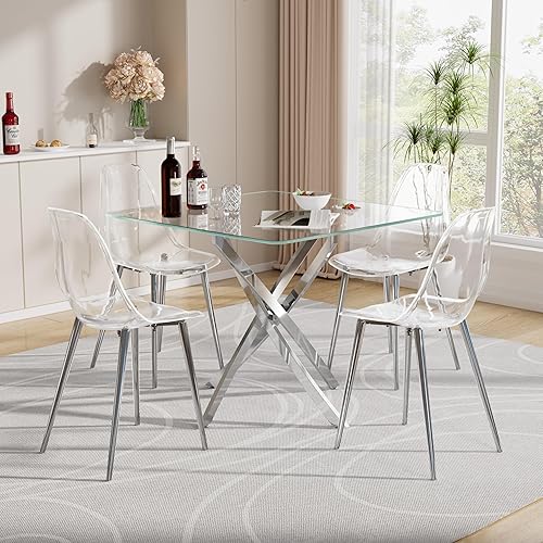 Miniatura 8 de Baysitone Juego de 4 sillas de comedor transparentes, sillas modernas de cocina con asiento transparente, sillas laterales de acento acrílico con