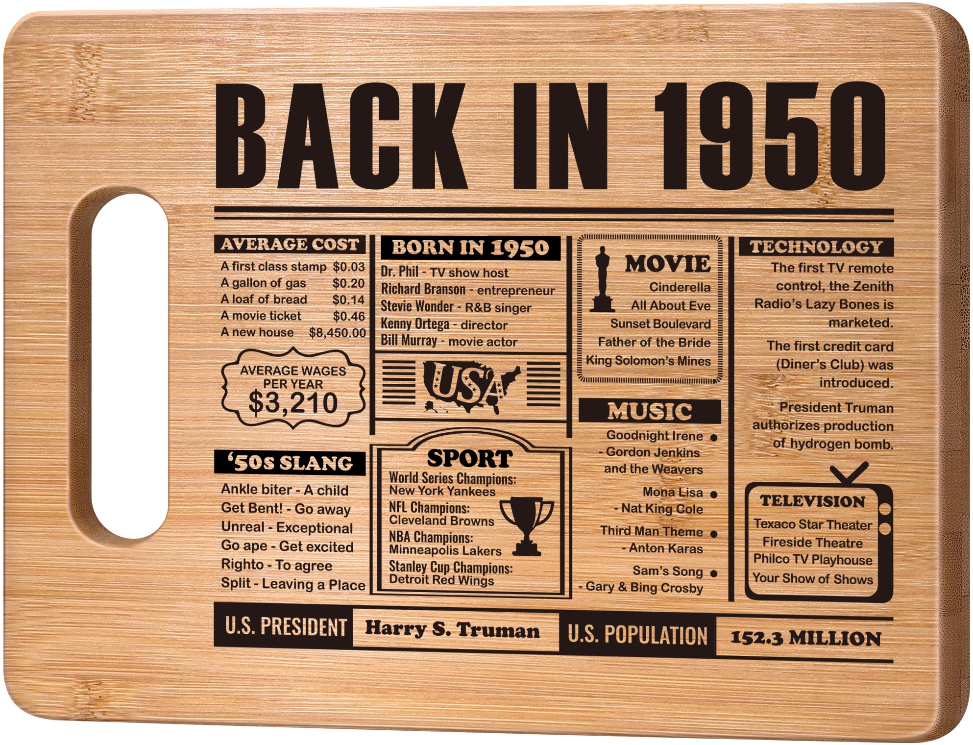 75th Birthday Gifts for Women Men,75 Year Old Birthday Gifts Woman Man,75 Years Gifts for Mom Dad Grandparents Wedding Anniversary,Back In 1950 75s Birthday Decorations Engraved Bamboo Cutting Board