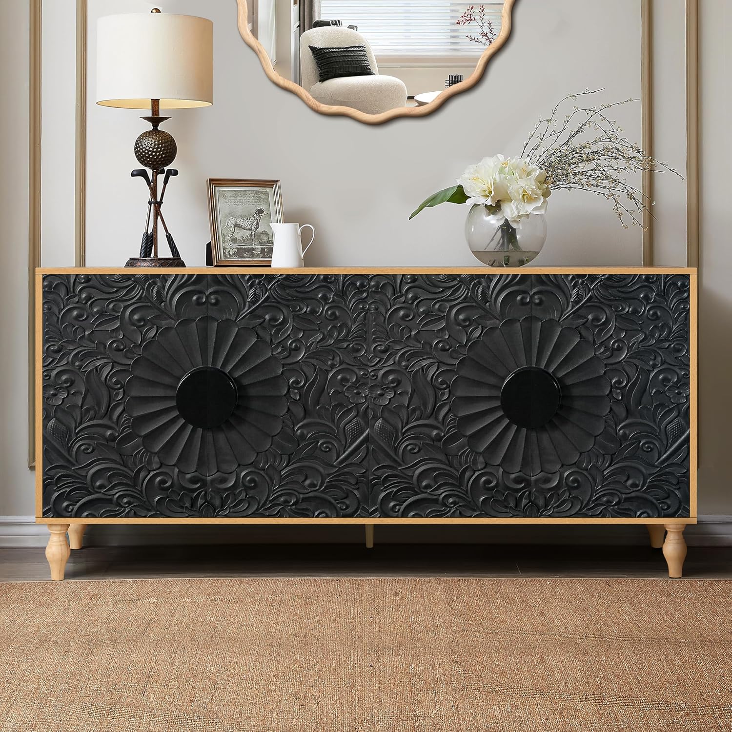 Favfurish Vintage Carved Flower Symmetrical Design Door,Wood Coloured Frame,Multifunction TV Stand Table,Sideboards,Accent Cabinets,for Living Room,Entryway,Kitchen,Black+Natural