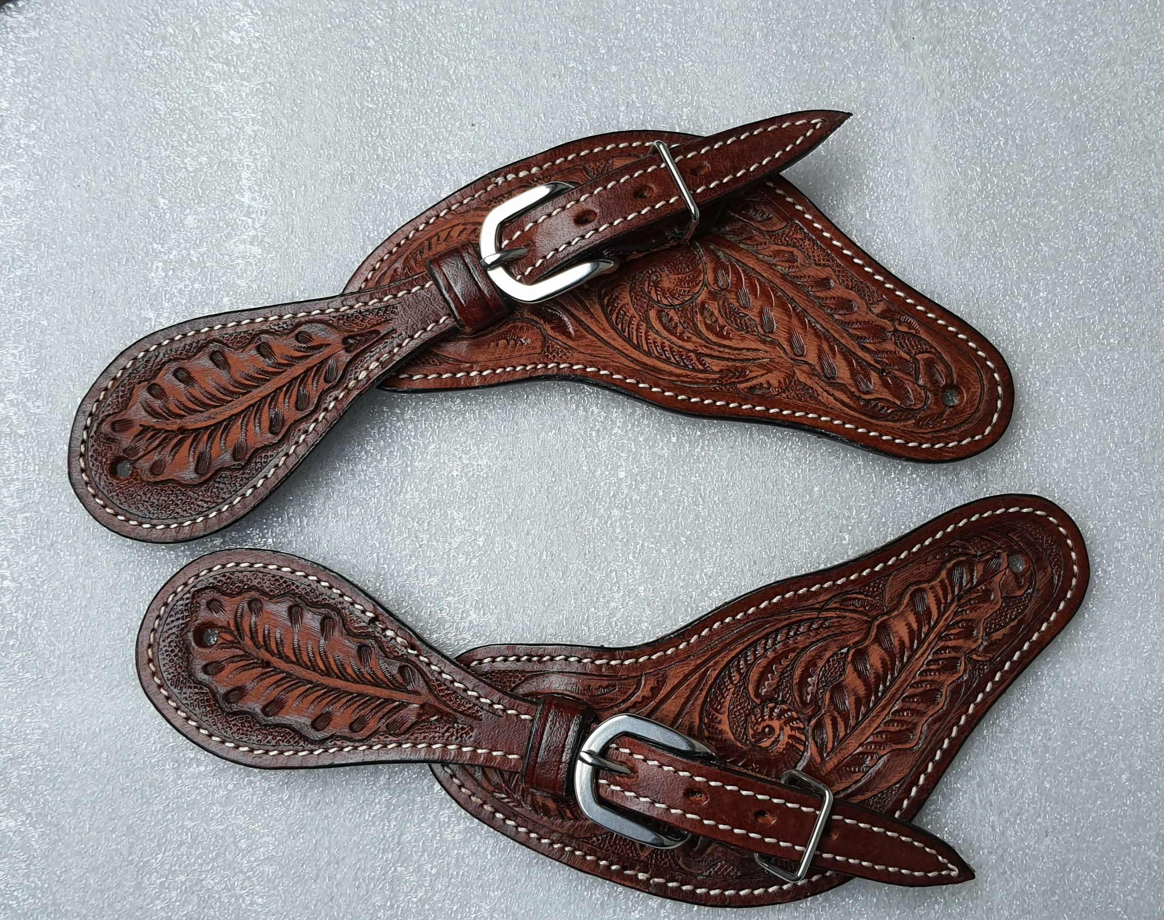 Showmen Craft Adults Tooled Leather Spur Straps w/Silver Studs Hardware and Buckle New Horse TACK