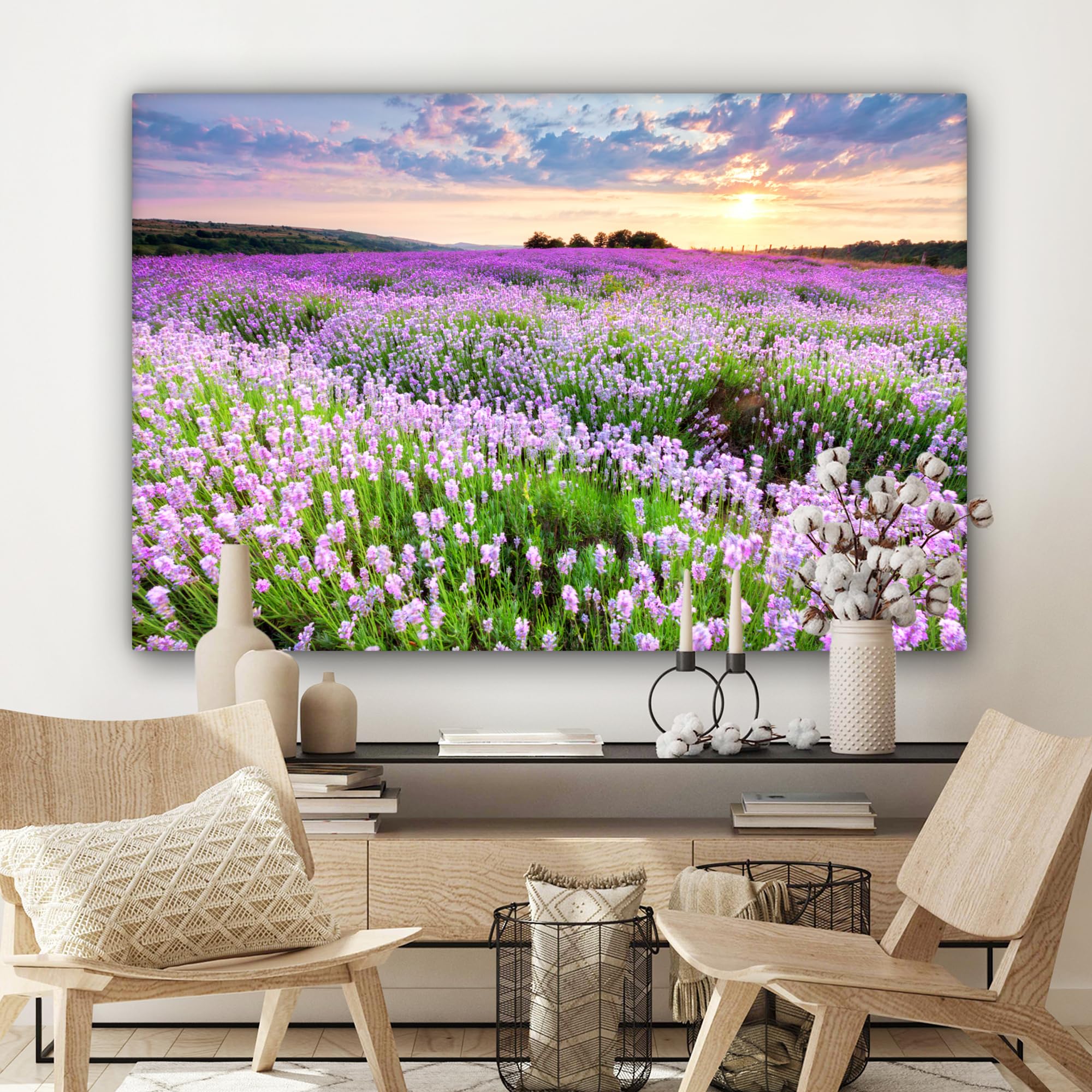 MuchoWow© Quadro su Tela 120x80 cm Stampe da Parete Quadri Cucina Camera da Letto Dipinto Arredamento Casa Fiori - Lavanda - Viola - Cielo - Tramonto - Prato - Natura
