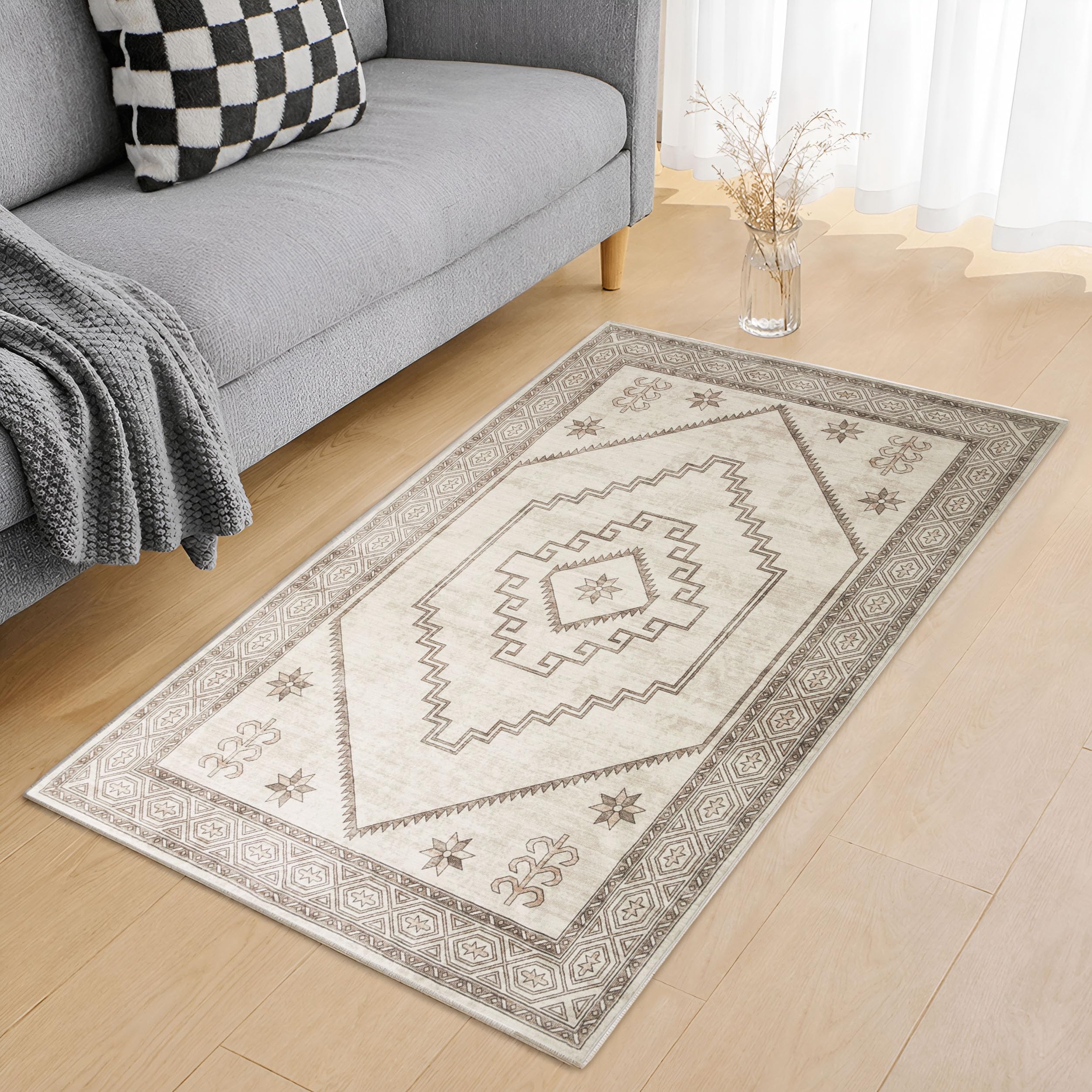 Hafaa Washable Rugs Living Room Small 60x110 cm – Soft Short Pile Beige Area Rugs For Bedroom, Kitchen Carpet Non Slip Bedside Rug Traditional Design Vintage Boho Cashmere Rug, Radiant — image 1