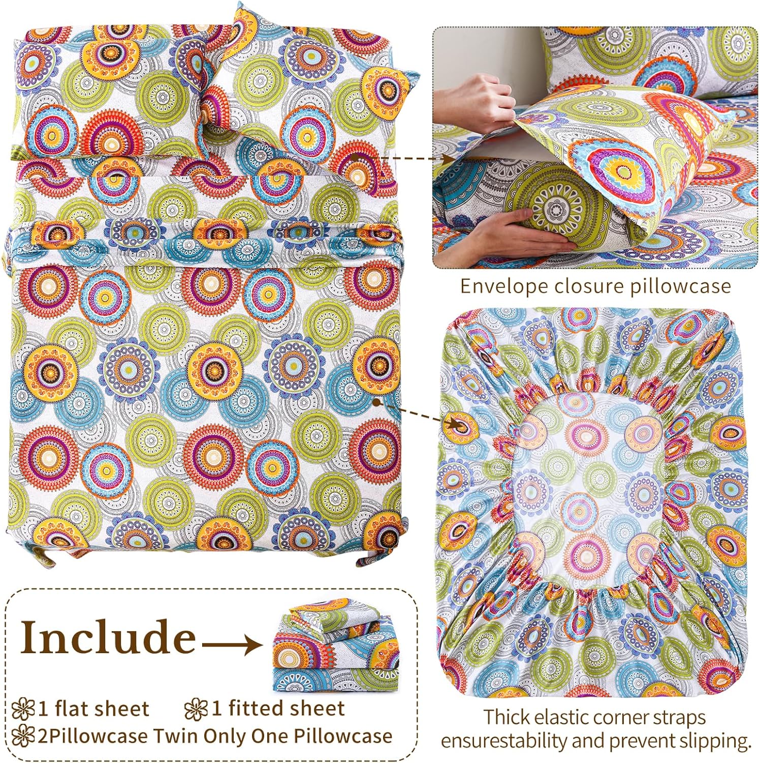 MEISHANG Soft Cooling Queen Sheet Set - Blend Rayon Derived from Bamboo,1800 Thread Count Floral Bed Sheets Oeko-Tex Certificated 4 Piece - Mandala