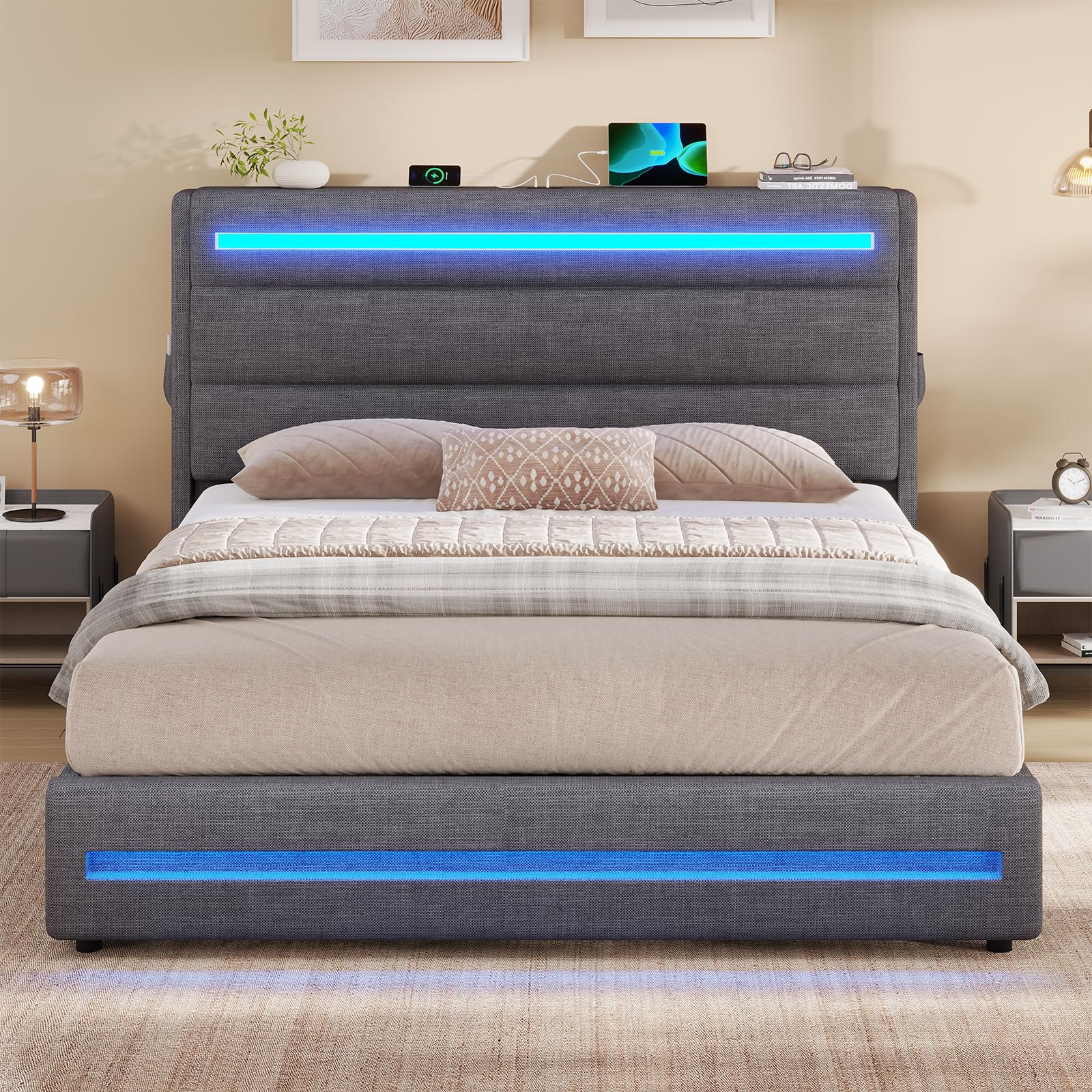 KIMENICH Bett 140X200 mit LED-Beleuchtung, Hydraulisches Bett 140x200 cm, Polsterbett Doppelbett, Bettgestell mit Stauraum und Lattenrost, Schlafzimmer, Leinenstoff Grau