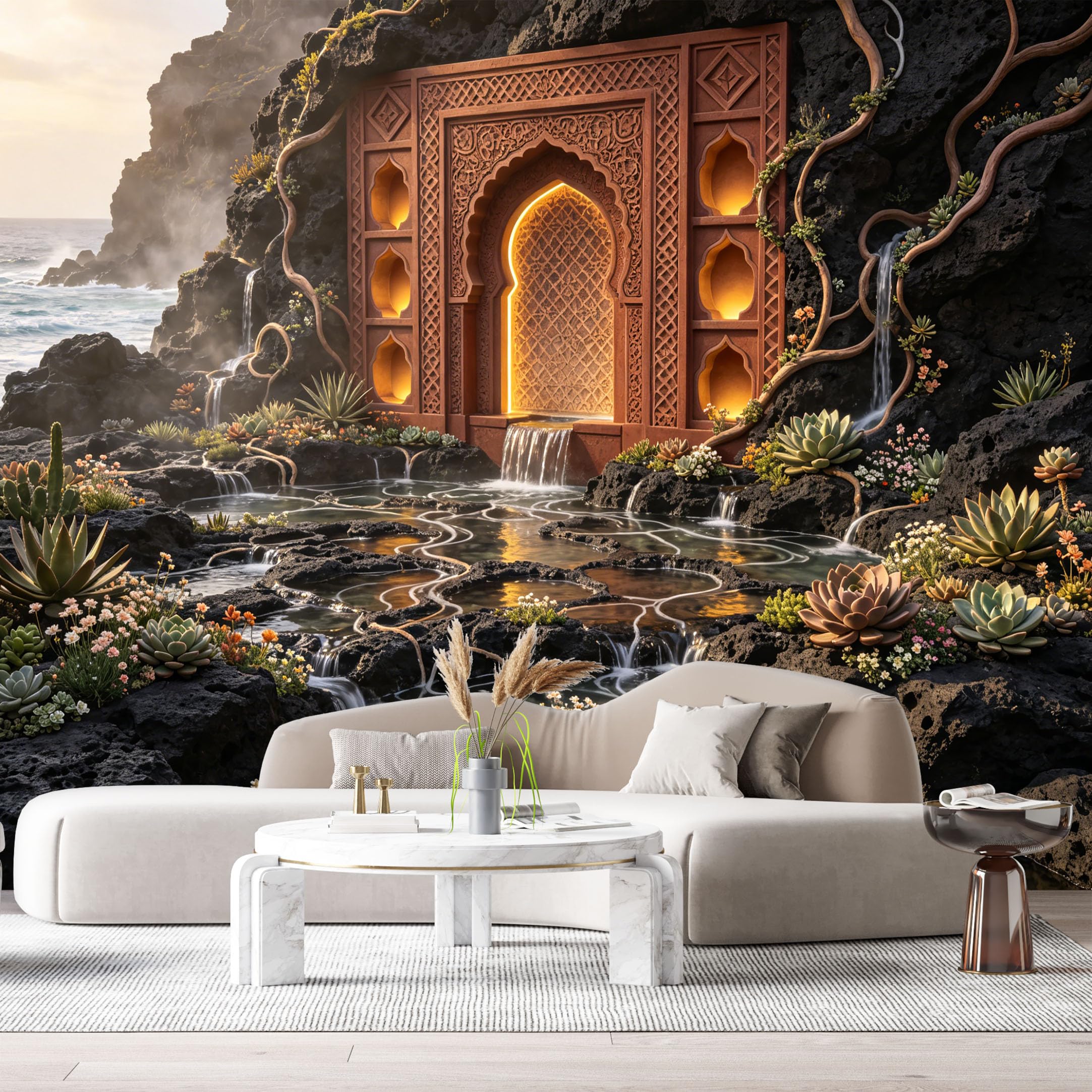 Custom Size Wall Murals Archway Ocean Sunset Geometric 3D Trompe L'Oeil SelfAdhesiveWall Fabric Removable Wallpaper Wall Decor for Living Room Bedroom Bathroom