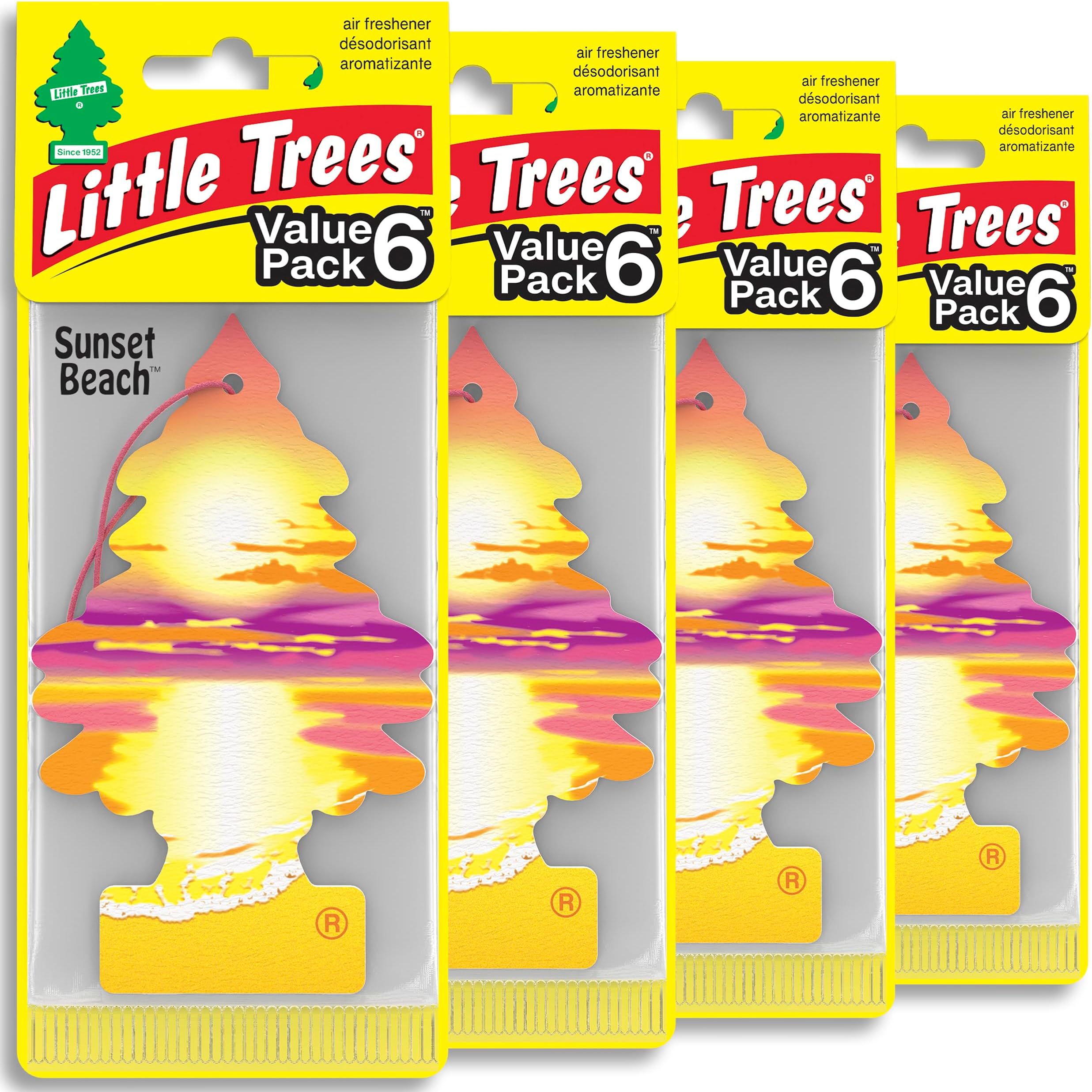 LITTLE TREES Car Air Freshener I Hanging Tree Provides Long Lasting Scent for Auto or Home I Sunset Beach, 24 Count, (4) 6-Packs