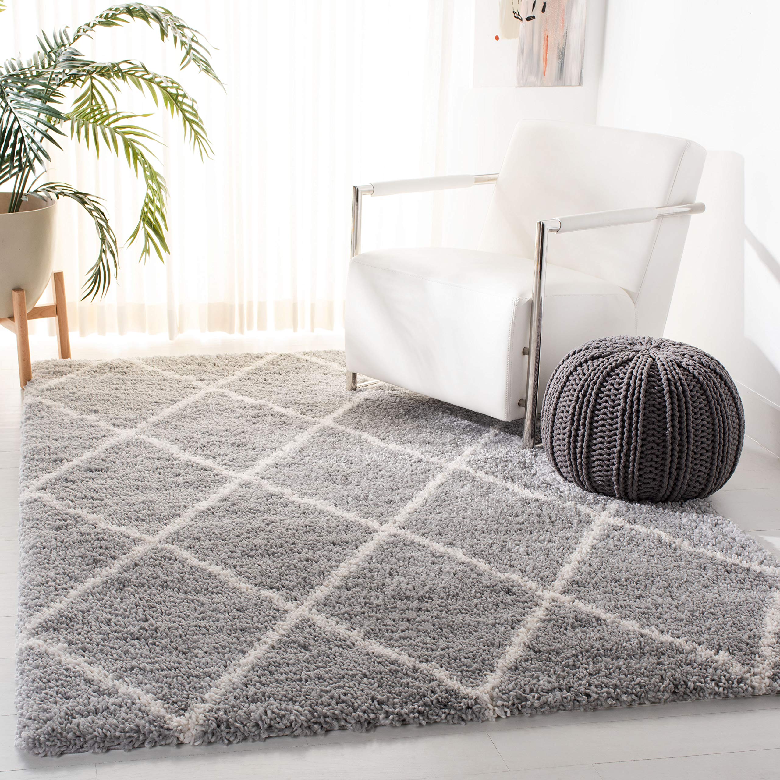 SAFAVIEH Fontana Shag Collection Area Rug - 9' x 12', Grey & Cream, Trellis Design, Non-Shedding & Easy Care, 2-inch Thick Ideal for High Traffic