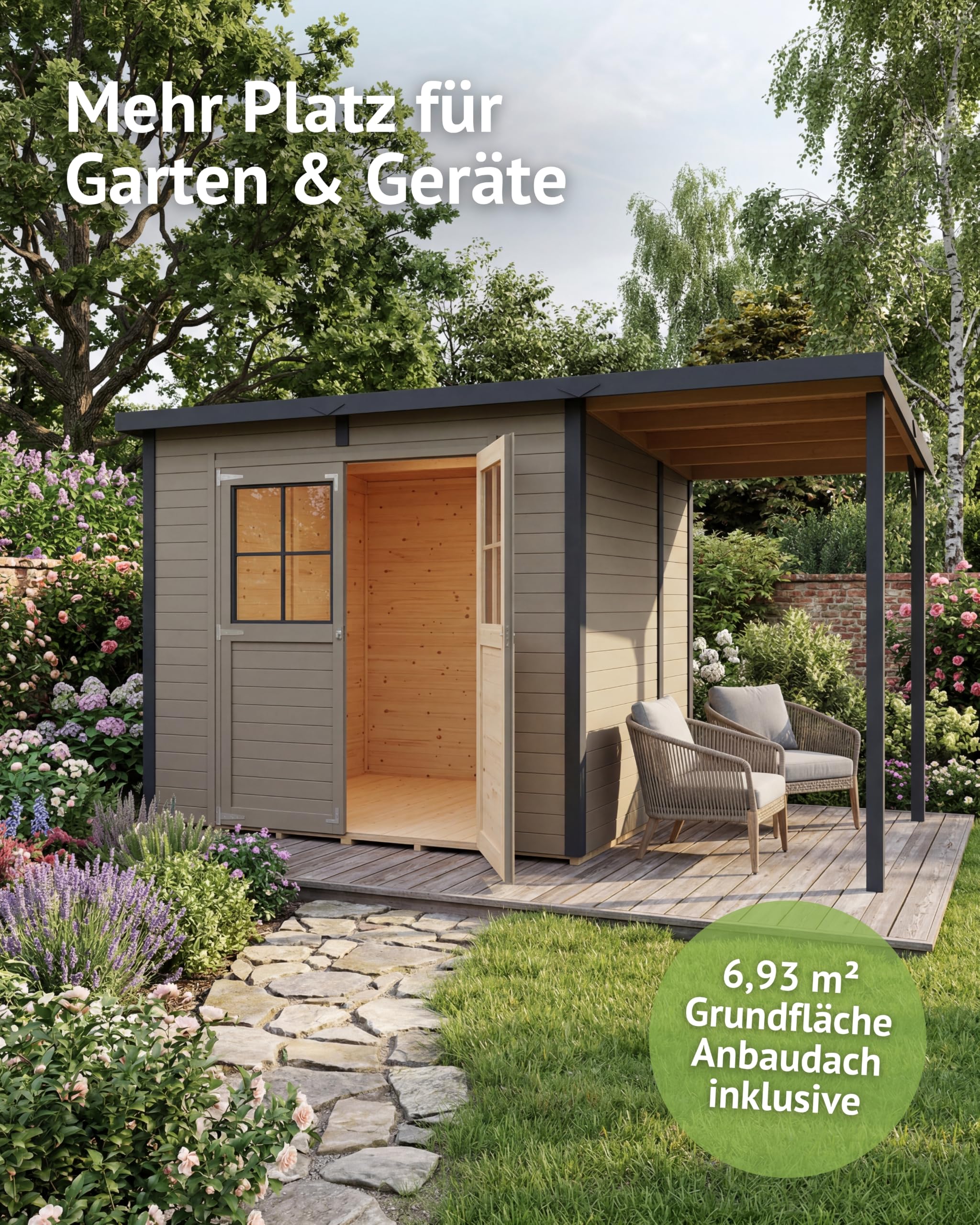 Steiner Shopping Gartenhaus Ense 03 | 12 mm Elementgartenhaus aus nordischer Fichte I Außenmaß 395 x 200 cm I Mit Anbaudach, Fußboden & Pultdach