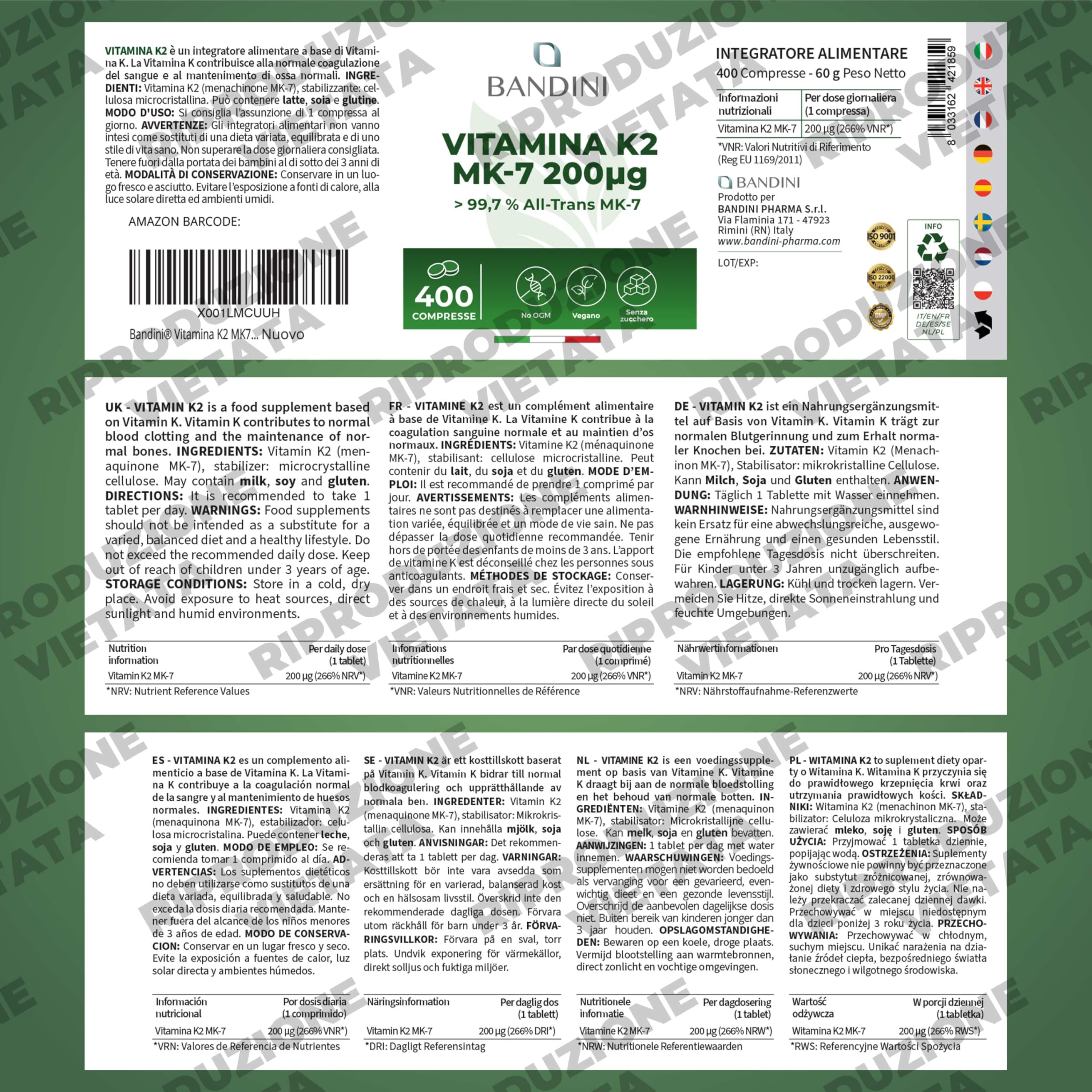 Bandini® Vitamina K2 MK7 200µg | 400 Compresse | Menachinone ad Alto Dosaggio | Vit K 2 MK-7 200 mcg | Contribuisce al Mantenimento di Ossa Normali, 100% Vegan, Senza OGM | Vitamina K Qualità Italiana