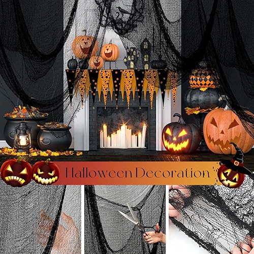 Miniatura 34 de Paquete de 6 paños espeluznantes negros de Halloween, decoraciones de Halloween, 30 x 72 pulgadas, tela espeluznante para casa encantada